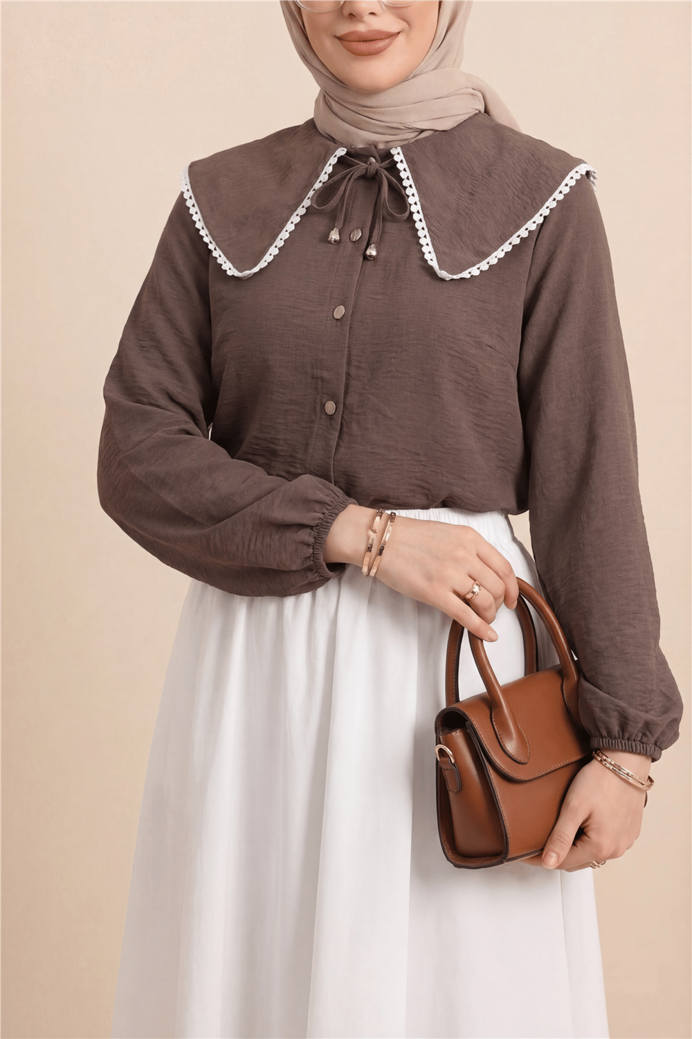 Bebe Yaka Dantelli Kolu Lastikli Gömlek -Kahve-Gömlek-349-7013-R15