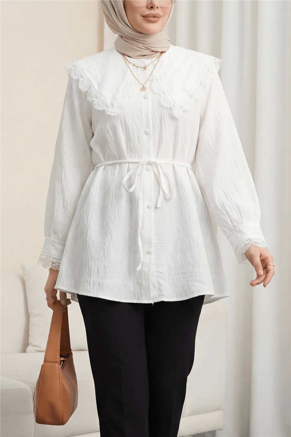 Bebe Yaka Fistolu Beli Bağcıklı Modal Tunik  -Ekru-Tunik-398-11008-R07