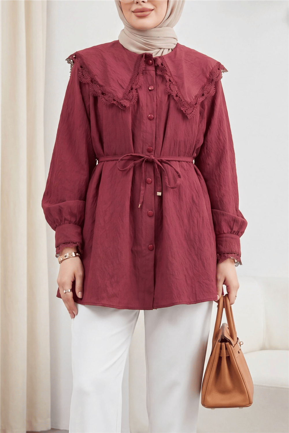 Bebe Yaka Fistolu Beli Bağcıklı Modal Tunik   -Bordo-Tunik-398-11008-R04