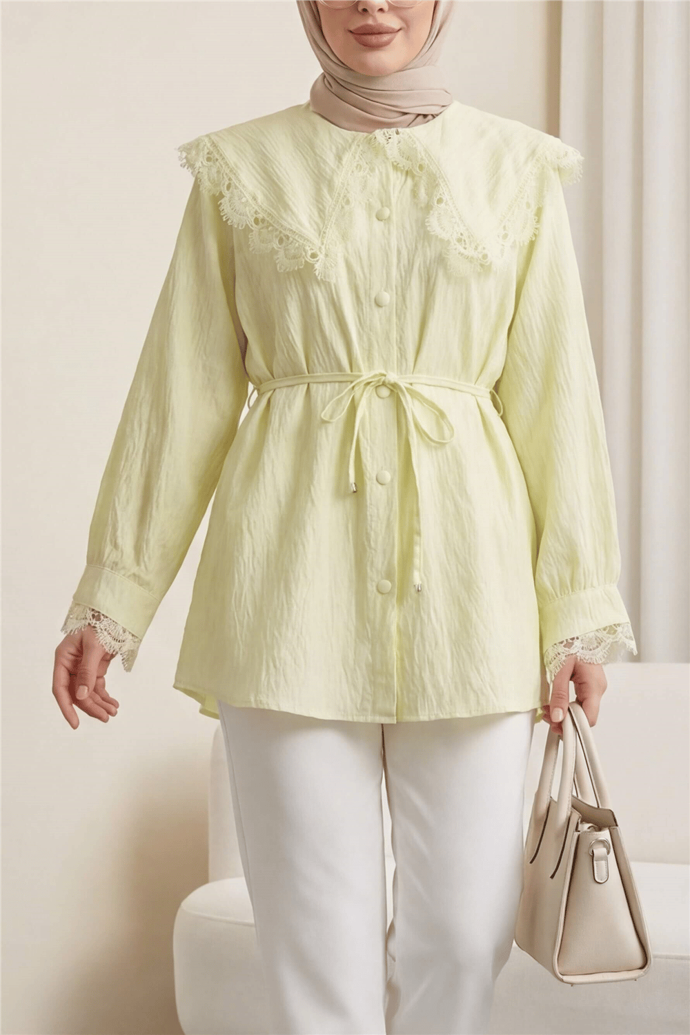 Bebe Yaka Fistolu Beli Bağcıklı Modal Tunik  -Açık Sarı-Tunik-398-11008-R75