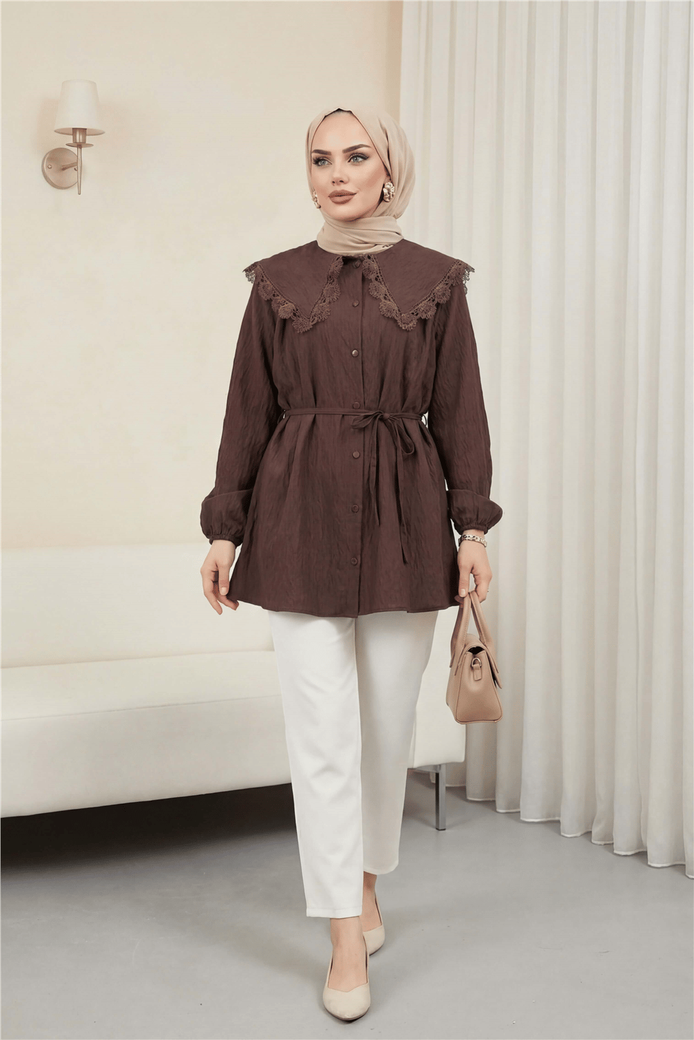 Bebe Yaka Fistolu Beli Bağcıklı Modal Tunik  -Mürdüm-Tunik-398-11008-R09