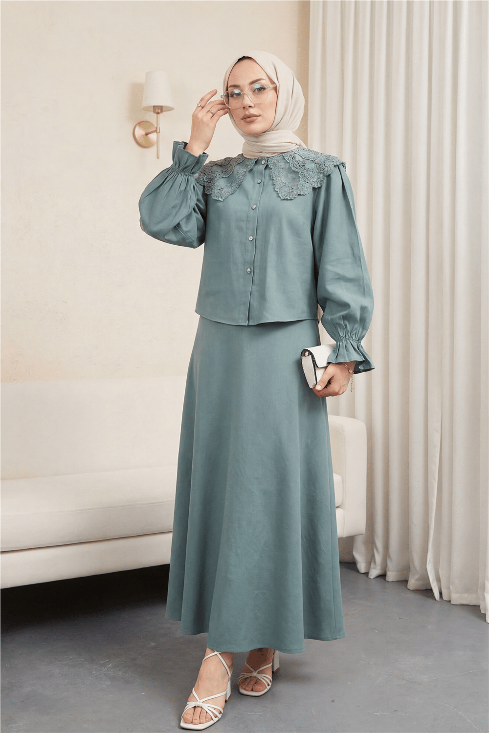 Bebe Yaka Fistolu Kolu Lastikli Bluz-Kloş Etek Takım -Mint-Takım-307-2255-R24