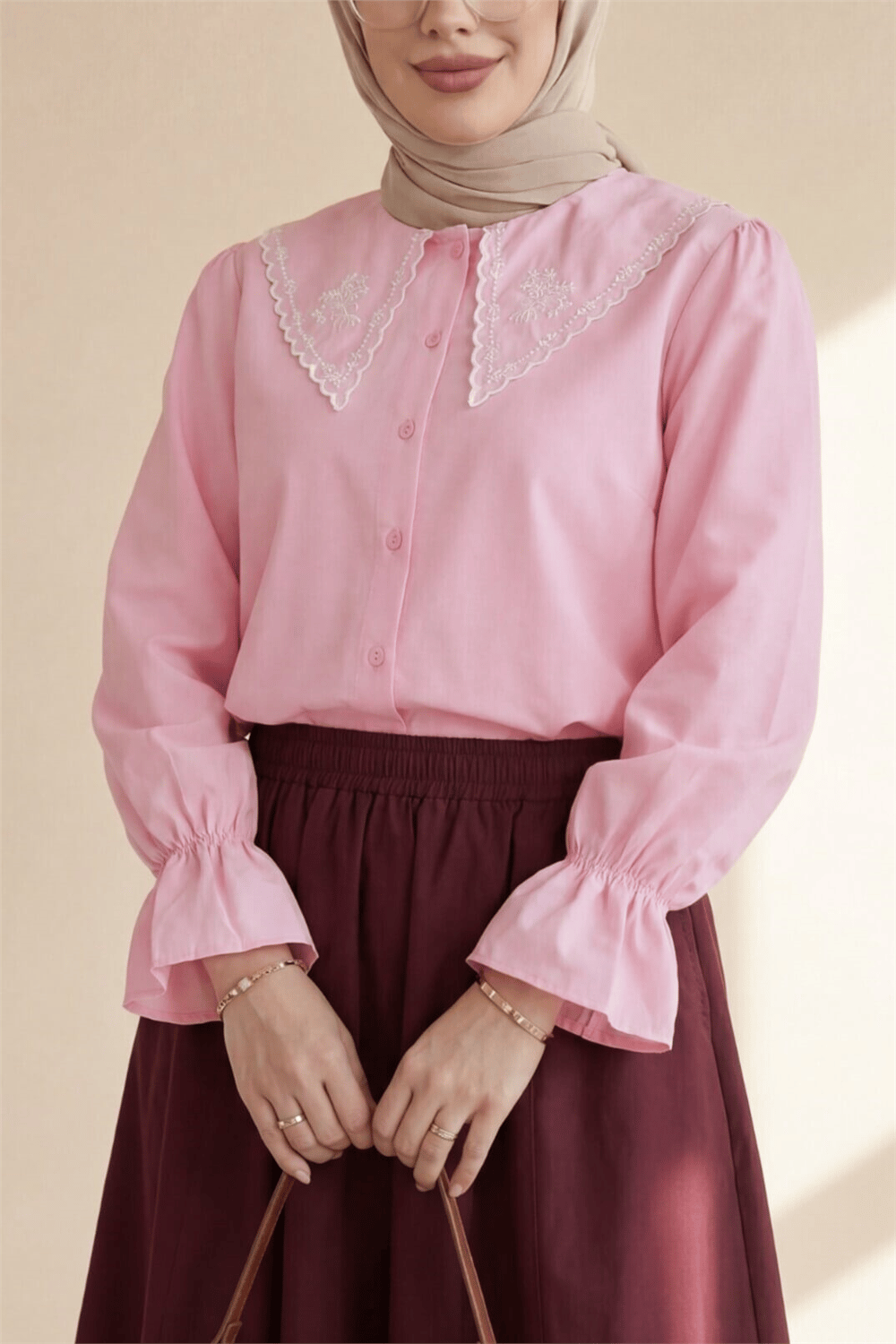 Bebe Yaka Fistolu Kolu Lastikli Poplin Gömlek Bluz -Pembe-Gömlek-349-8045-R20