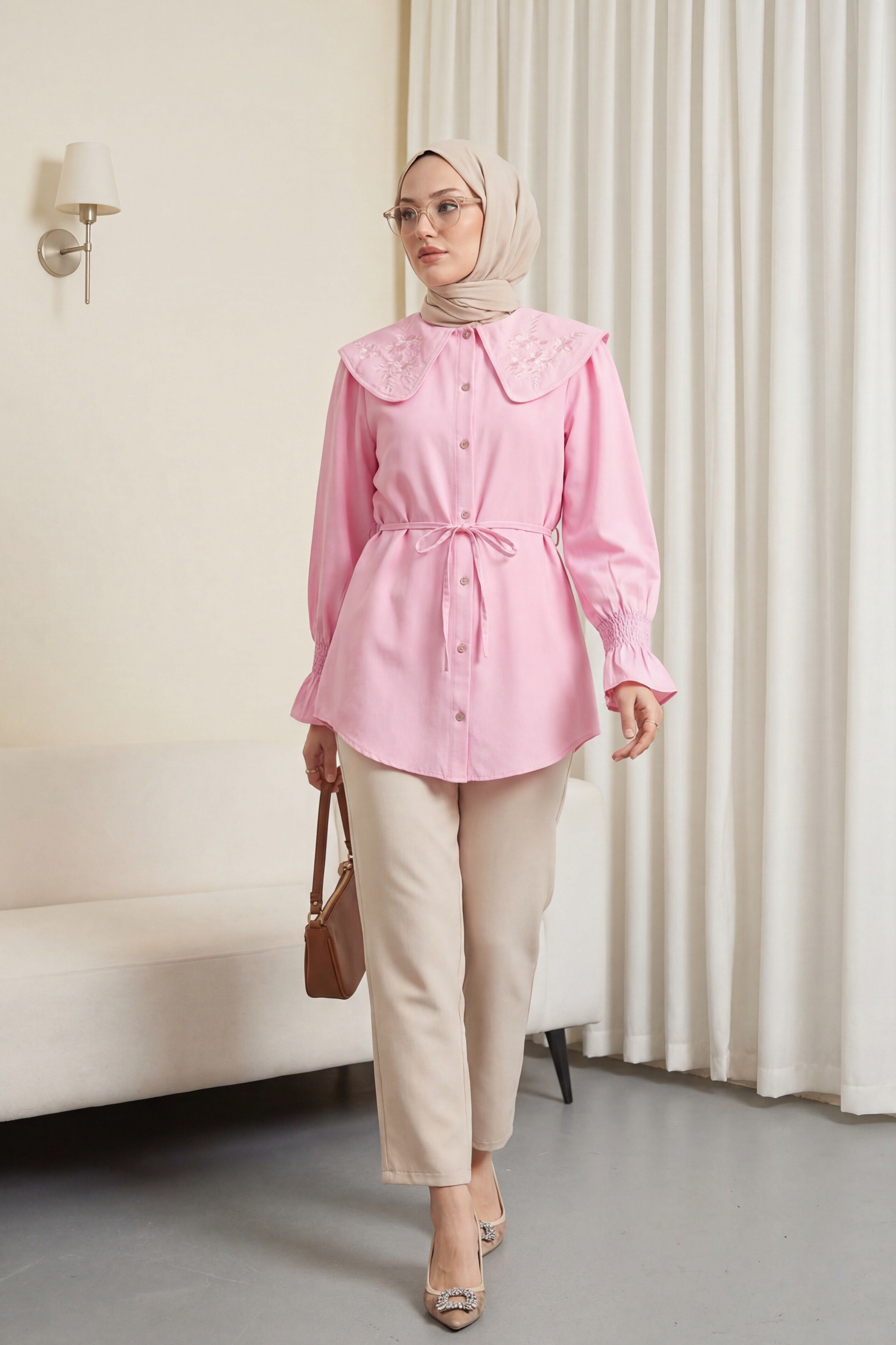 Bebe Yaka Nakışlı Beli Bağlamalı Poplin Gömlek -Pembe