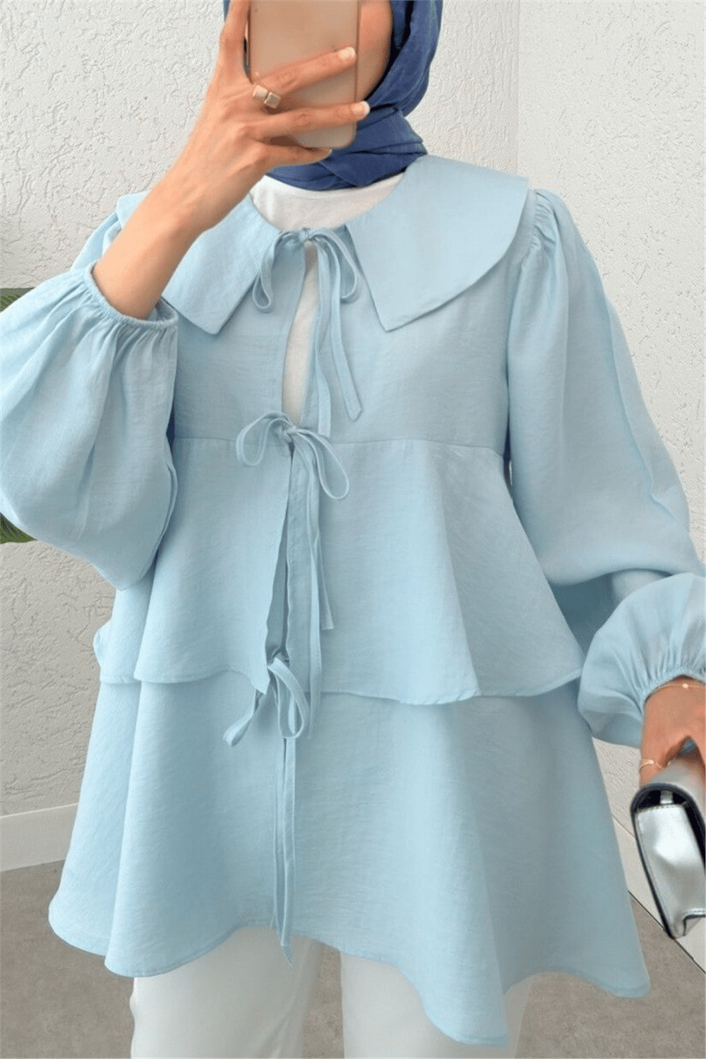 Bebe Yaka Önü Bağcıklı Eteği Katlı Kimono -Bebe Mavi-Tunik-307-2289-R32
