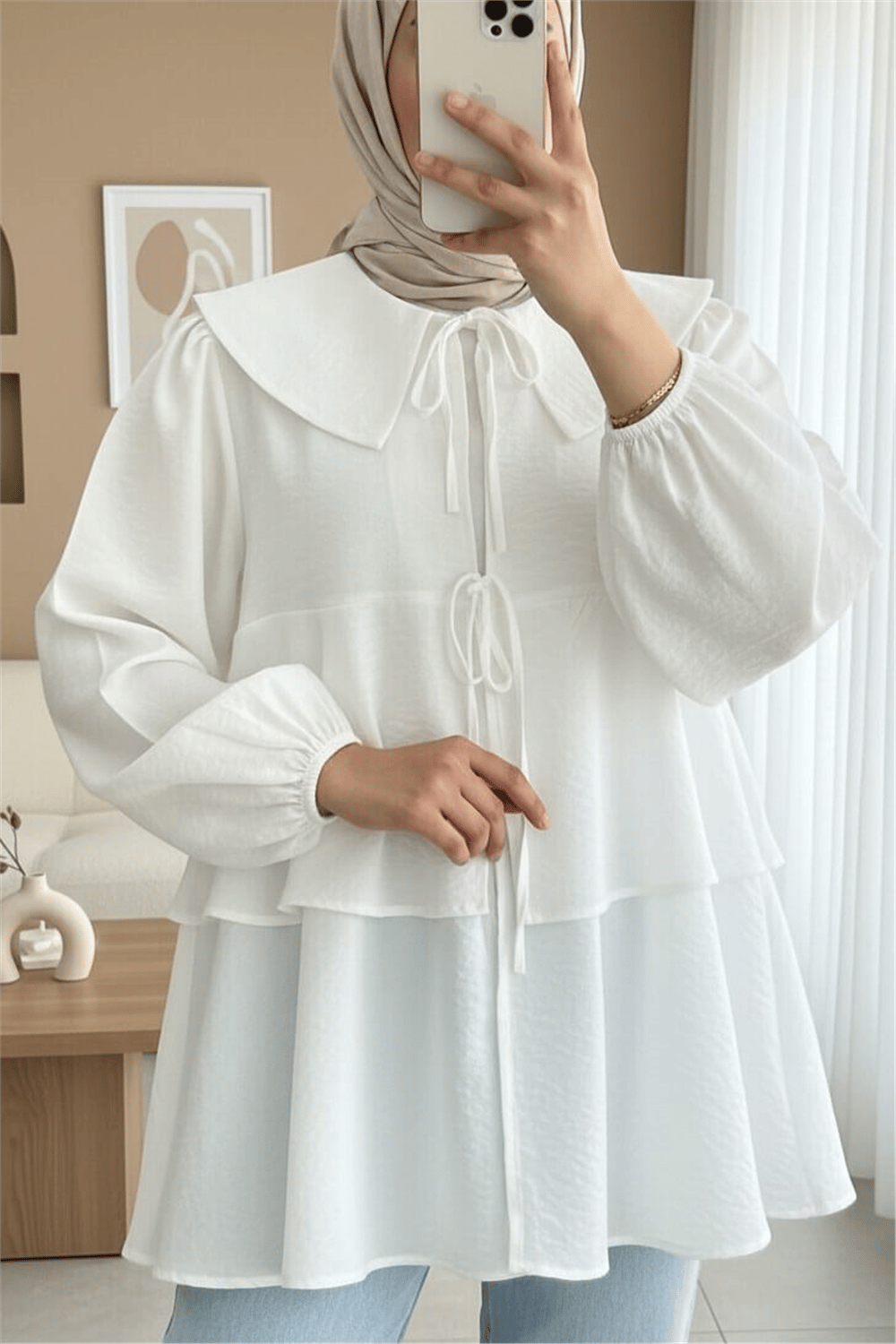 Bebe Yaka Önü Bağcıklı Eteği Katlı Kimono -Beyaz-Tunik-307-2289-R02