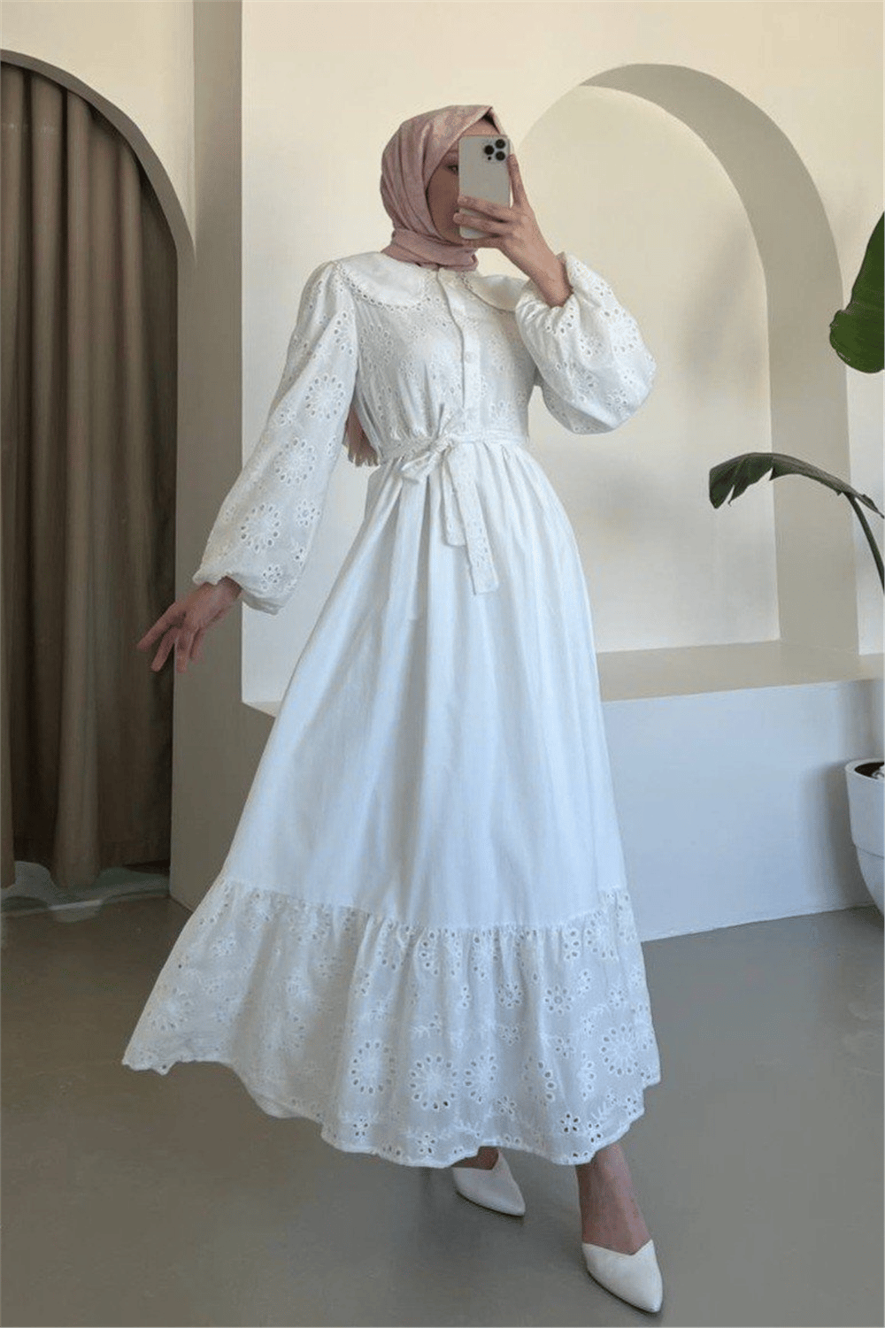 Bebe Yaka Yarım Düğmeli Fistolu Elbise  -Beyaz-Elbise-144-1003-R02