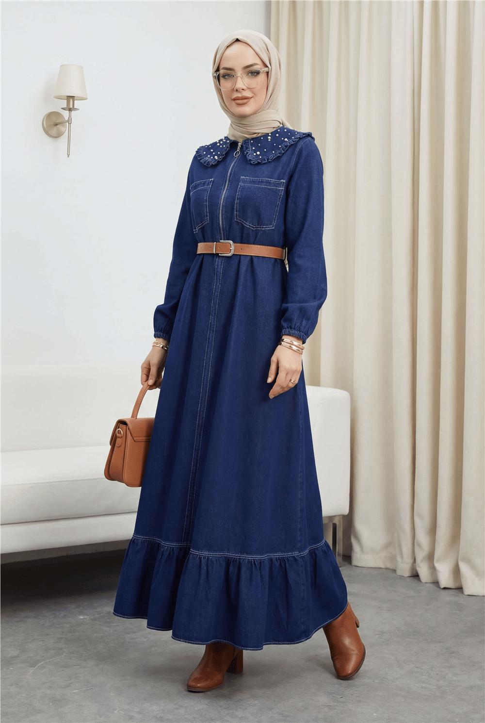 Bebe Yaka Yarım Fermuarlı İnci Detaylı Kemerli Kot Elbise -Laci-Elbise-197-6137-R03