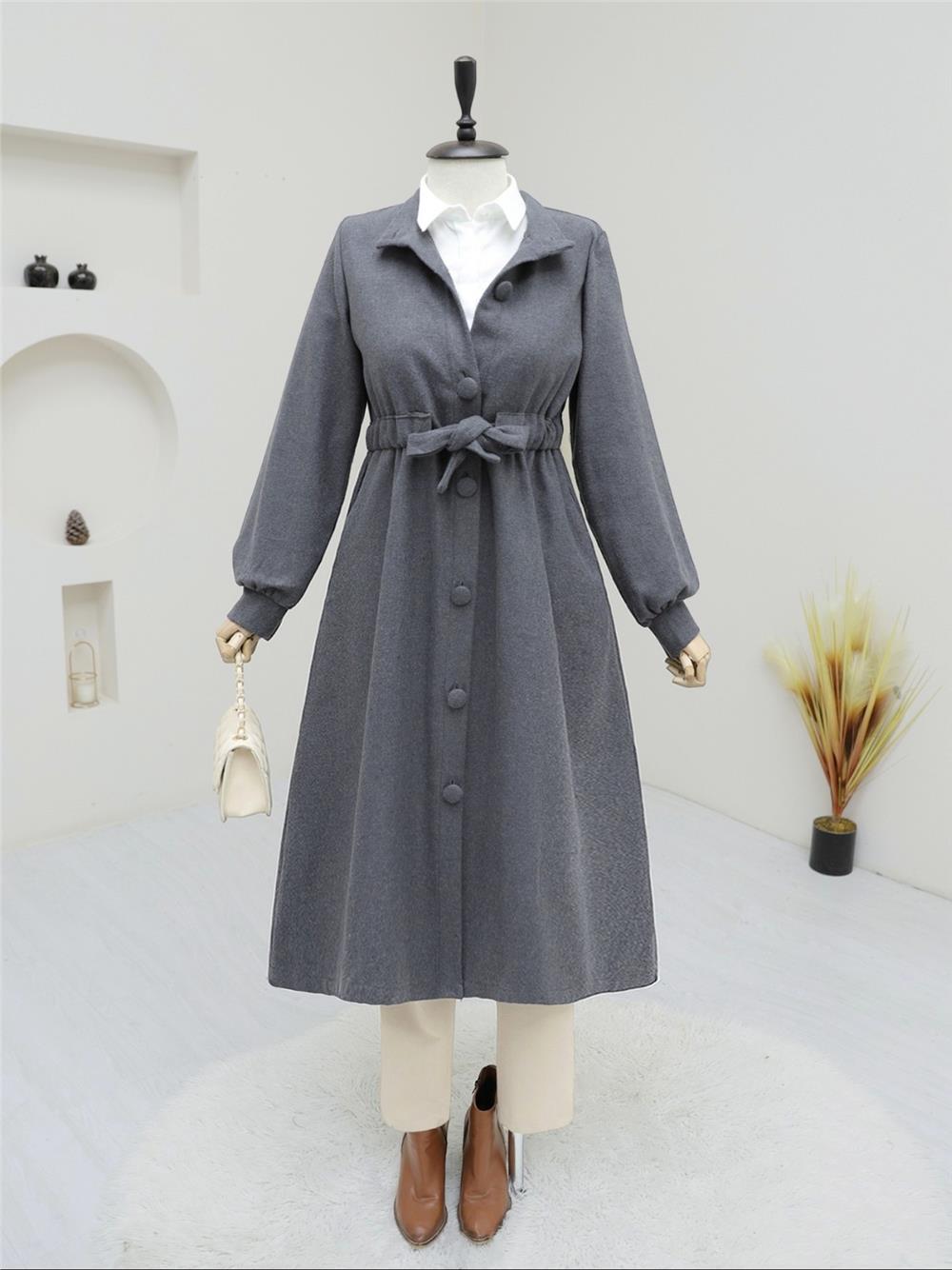 Belden Bağlamalı Top Düğmeli Kaşe Kaban -Füme-346-3046-R18