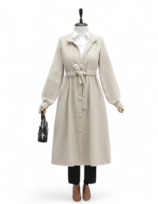 Belden Bağlamalı Top Düğmeli Kaşe Kaban -Ekru-346-3046-R07