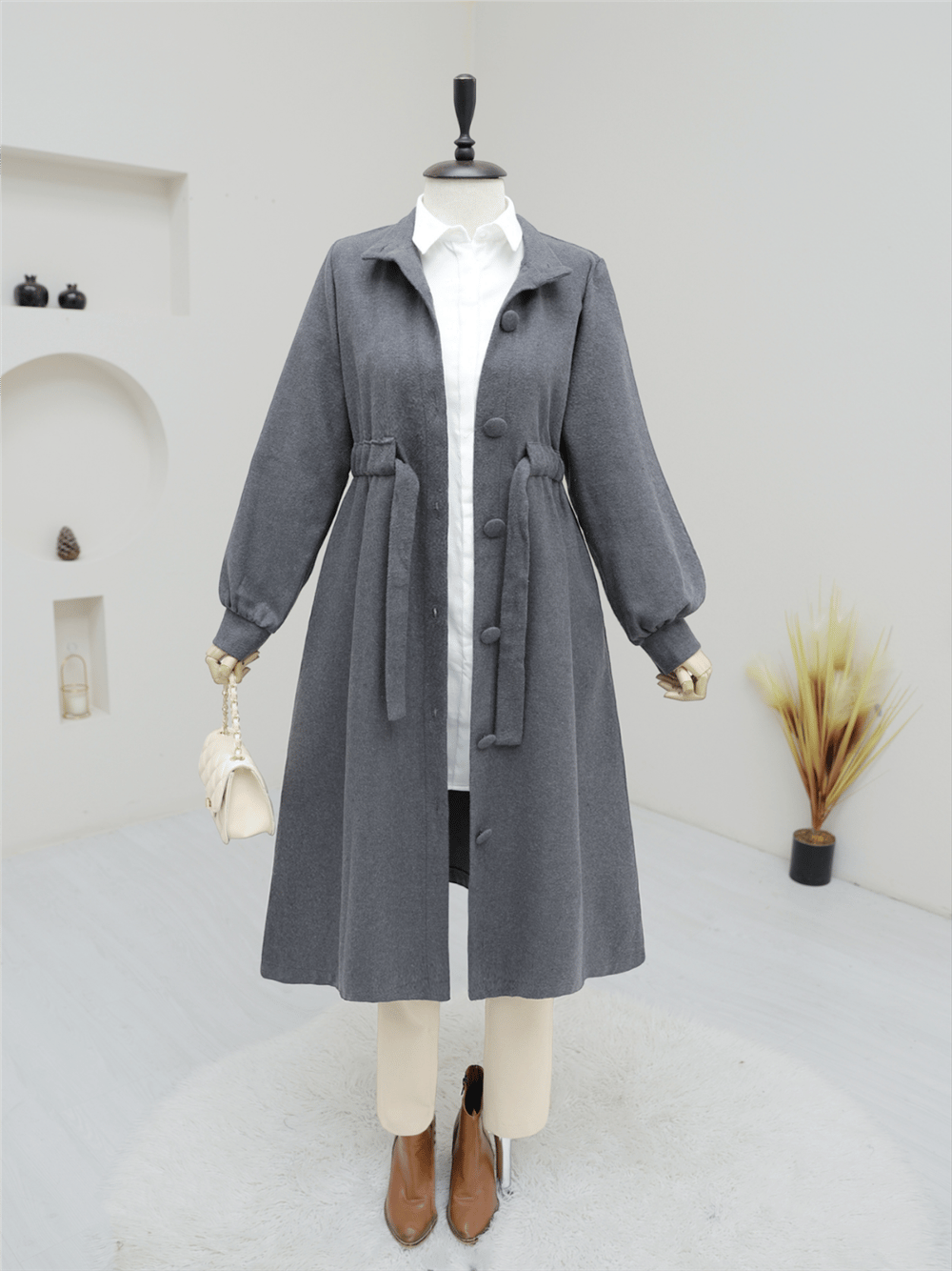 Belden Bağlamalı Top Düğmeli Kaşe Kaban -Füme-346-3046-R18