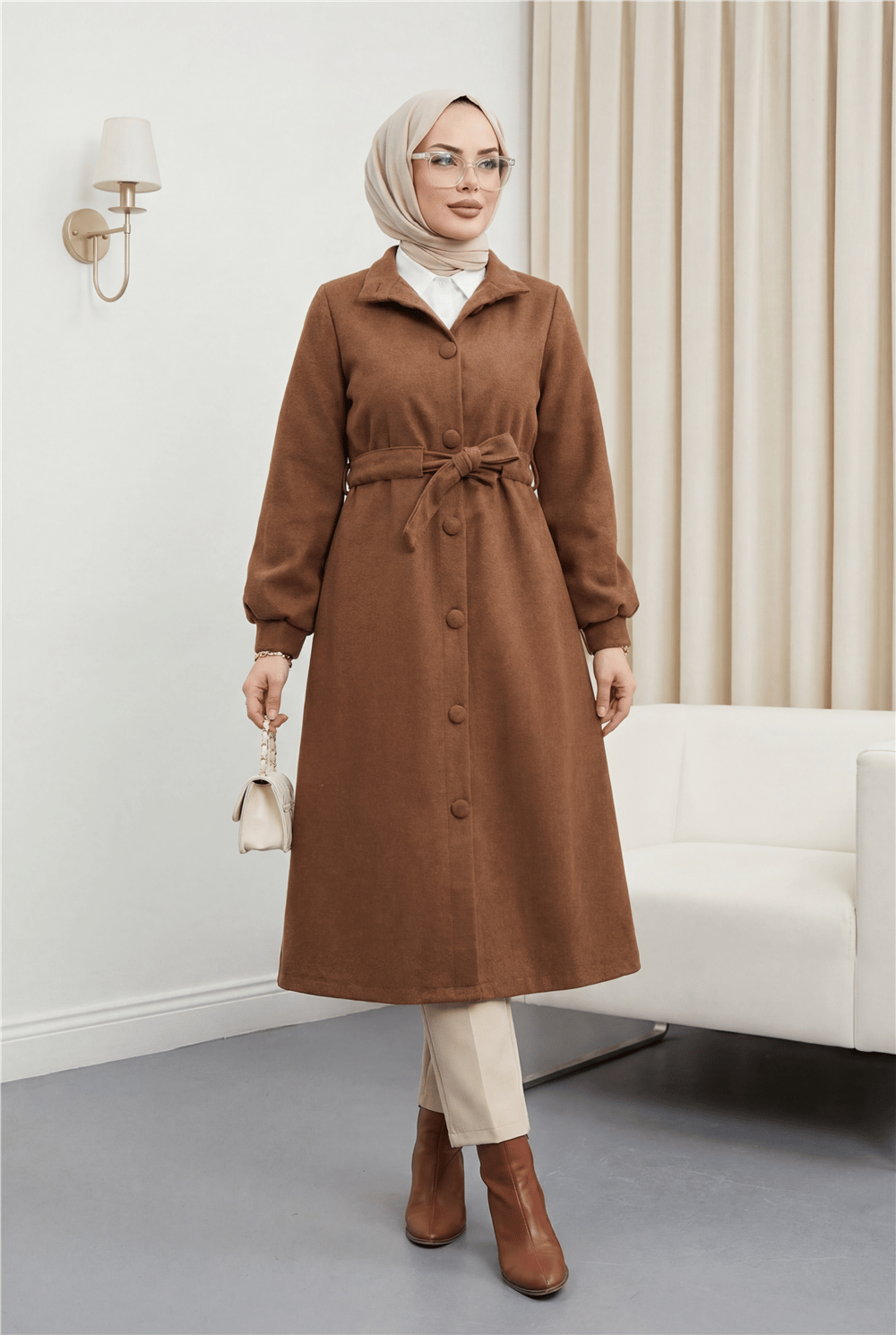 Belden Bağlamalı Top Düğmeli Kaşe Kaban   -Tarçın-Kaban-346-3046-R45