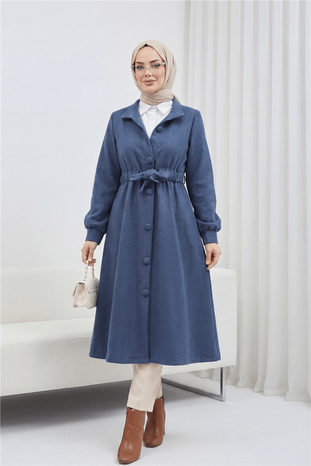 Belden Bağlamalı Top Düğmeli Kaşe Kaban    -Laci-Kaban-346-3046-R03