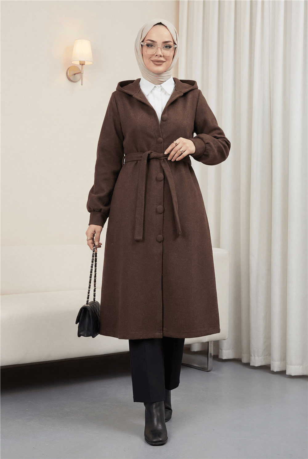 Belden Bağlamalı Top Düğmeli Kaşe Kaban   -K. Kahve-Kaban-346-3046-R54