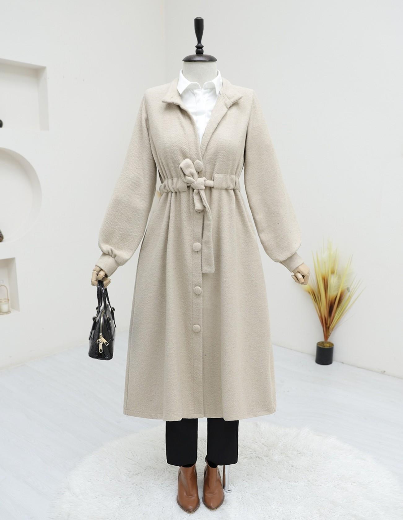 Belden Bağlamalı Top Düğmeli Kaşe Kaban -Ekru