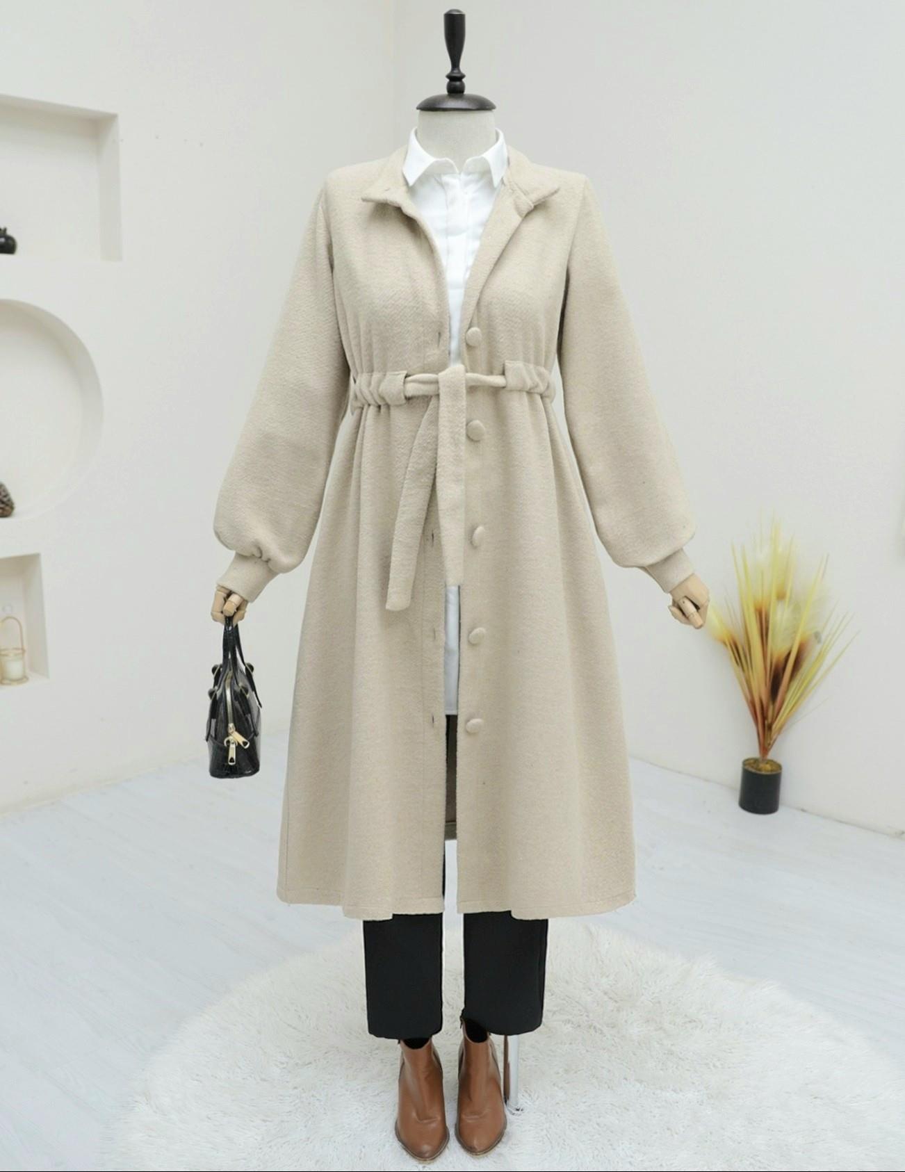 Belden Bağlamalı Top Düğmeli Kaşe Kaban -Ekru