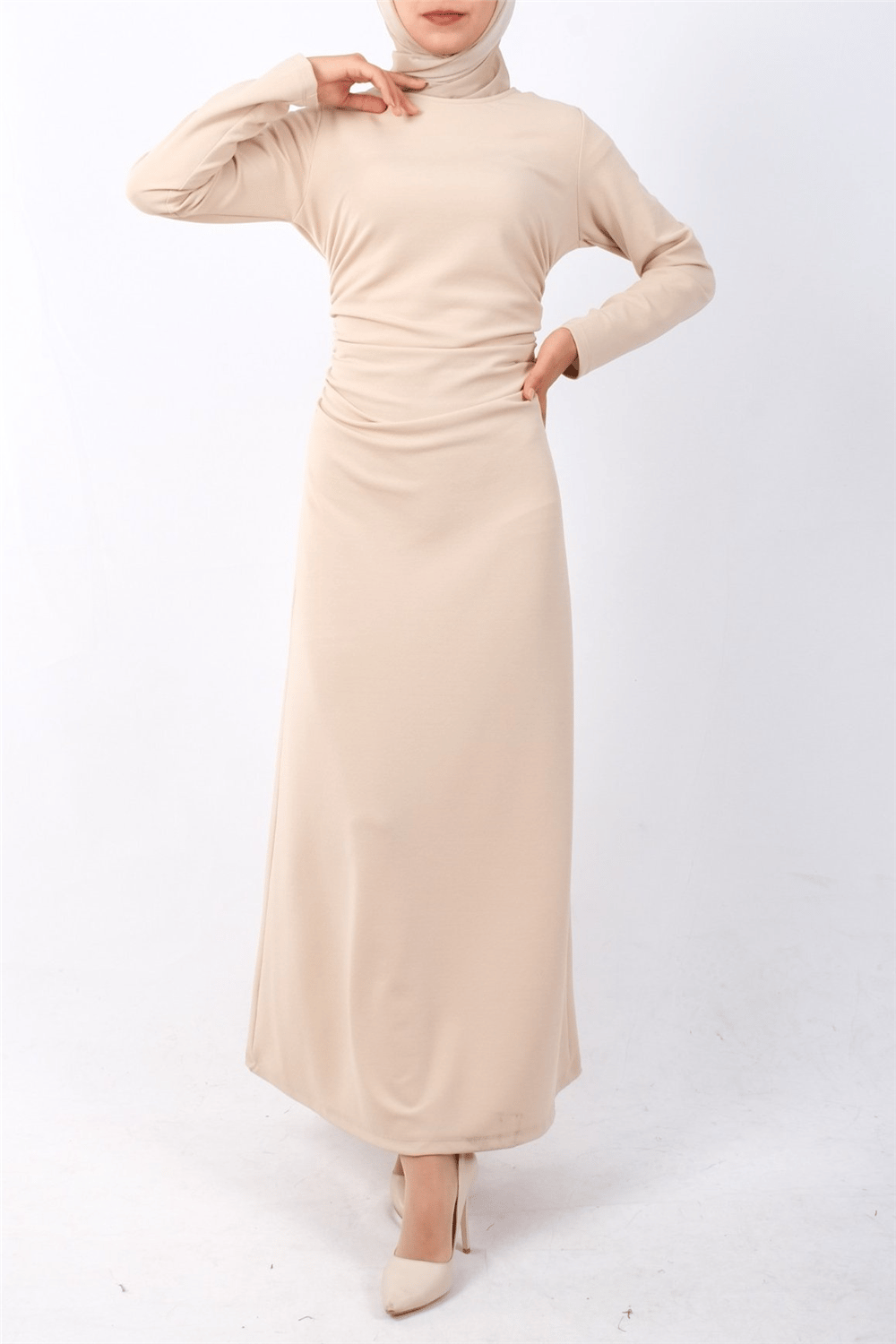 Belden Büzgülü Örme Krep Likralı Elbise  -Bej-Elbise-111-61522-R56