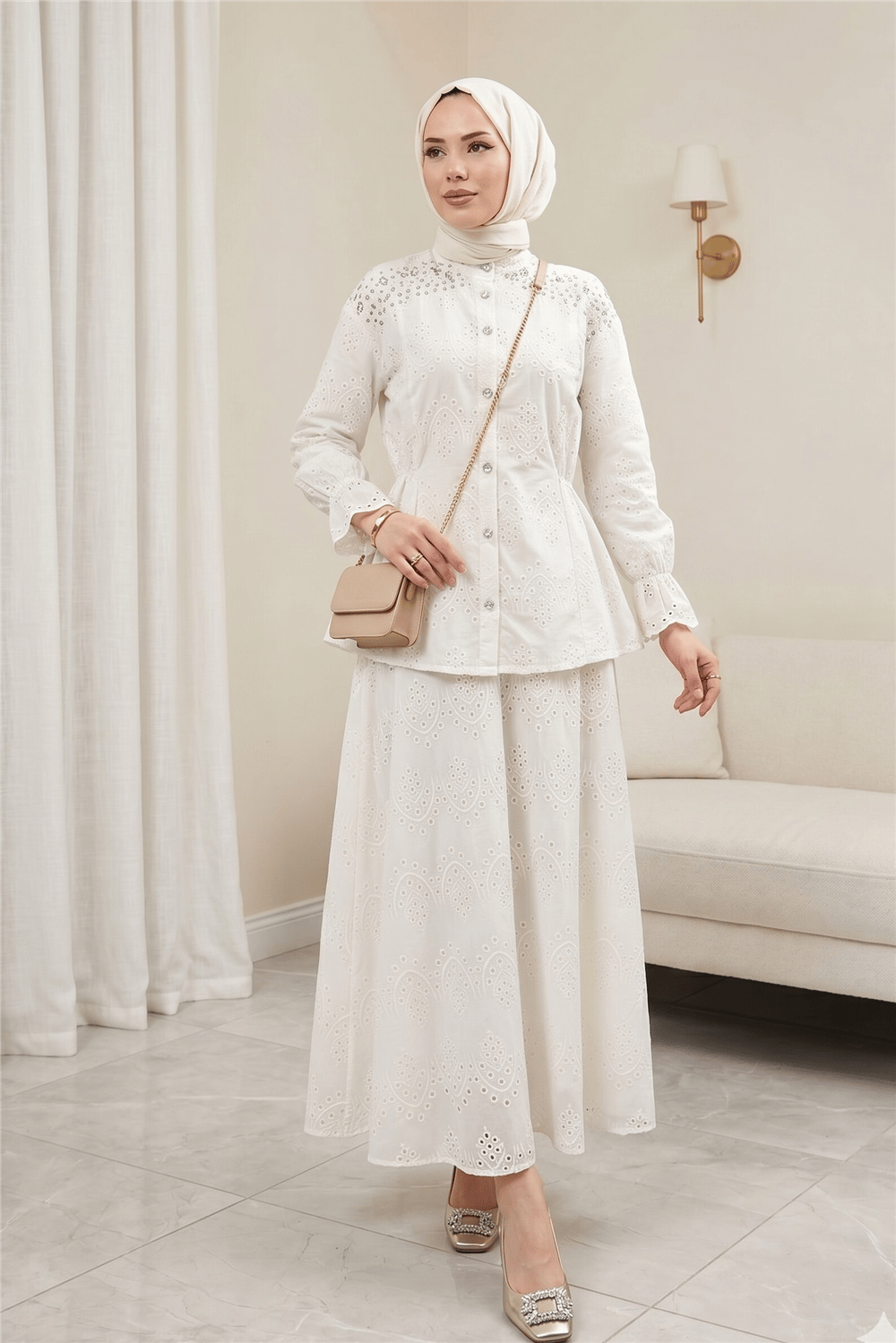 Belden Sıkmalı Omuzu Taş Detaylı Fistolu Takım -Beyaz-Takım-144-3005-R02
