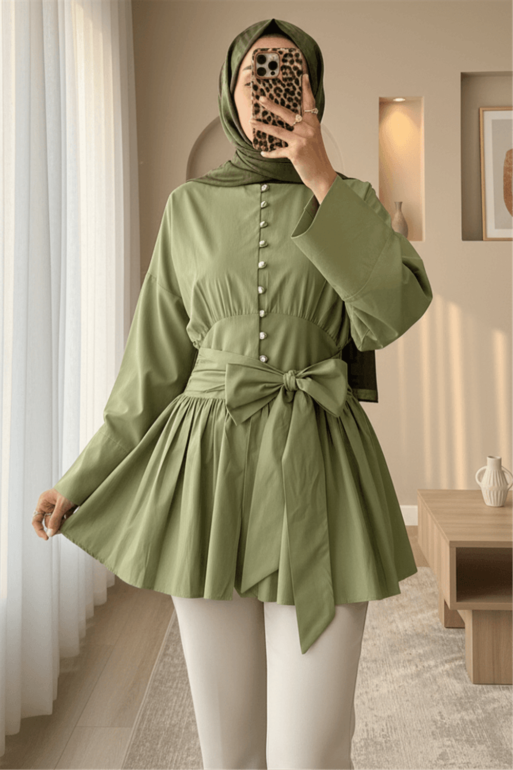Beli Bağcıklı Boydan Taş Düğmeli Tunik -Çağla Y.-Tunik-307-2343-R70