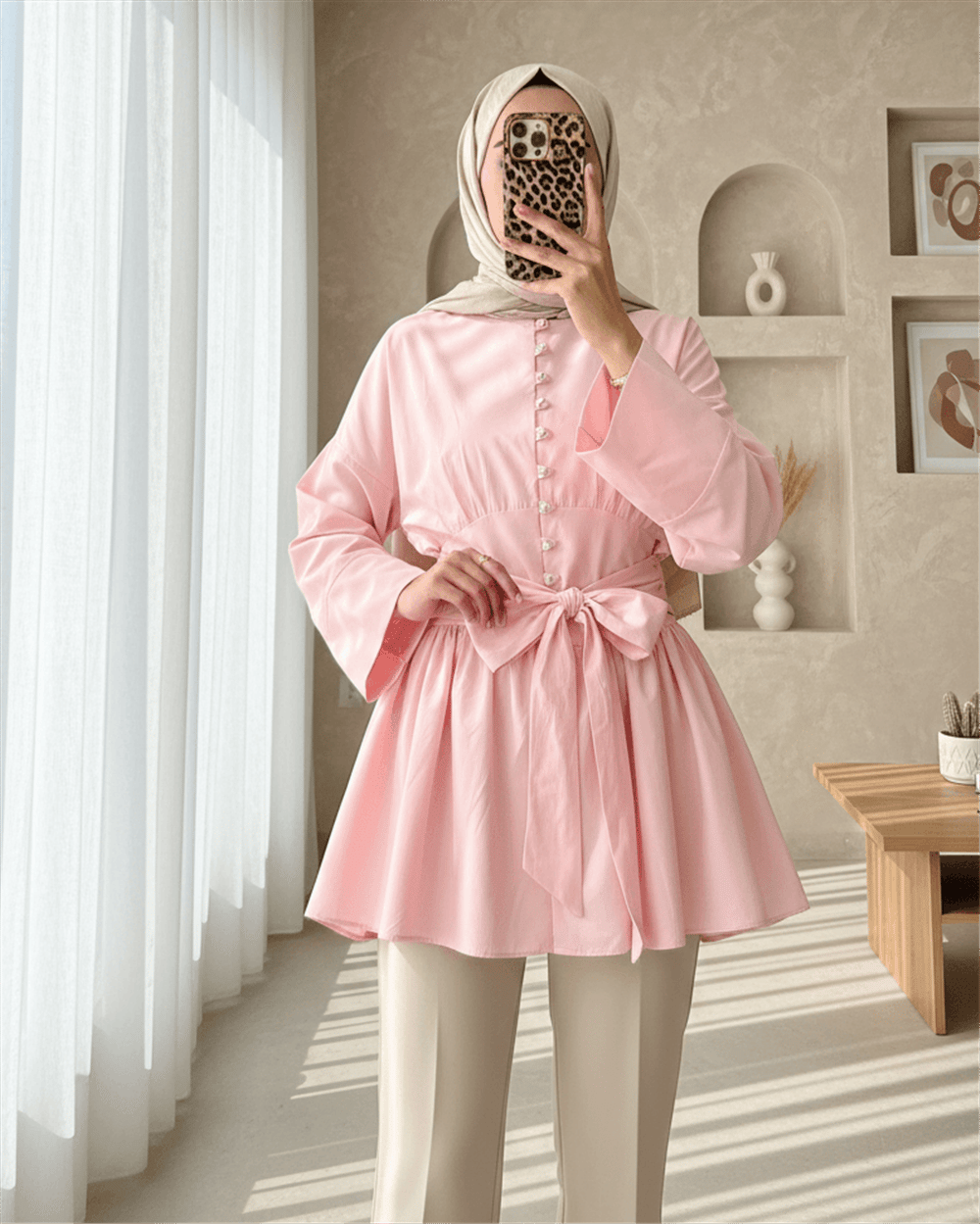 Beli Bağcıklı Boydan Taş Düğmeli Tunik -Pembe-Tunik-307-2343-R20