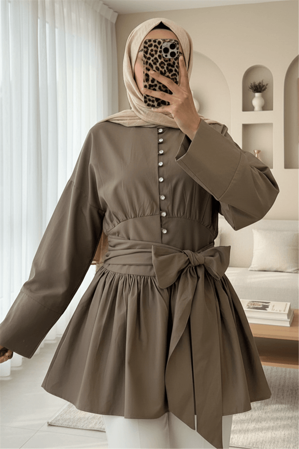 Beli Bağcıklı Boydan Taş Düğmeli Tunik -Açık Kahve-Tunik-307-2343-R76