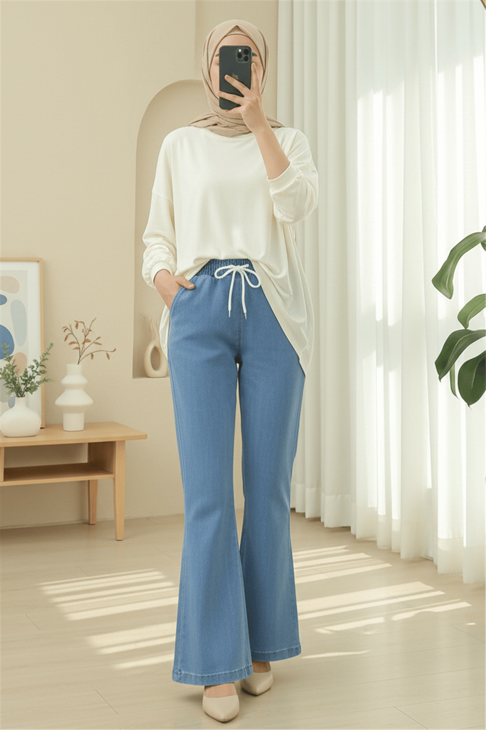 Beli Bağcıklı Cepli İspanyol Paça Kot Pantolon -Mavi-Pantolon-417-13851-R31