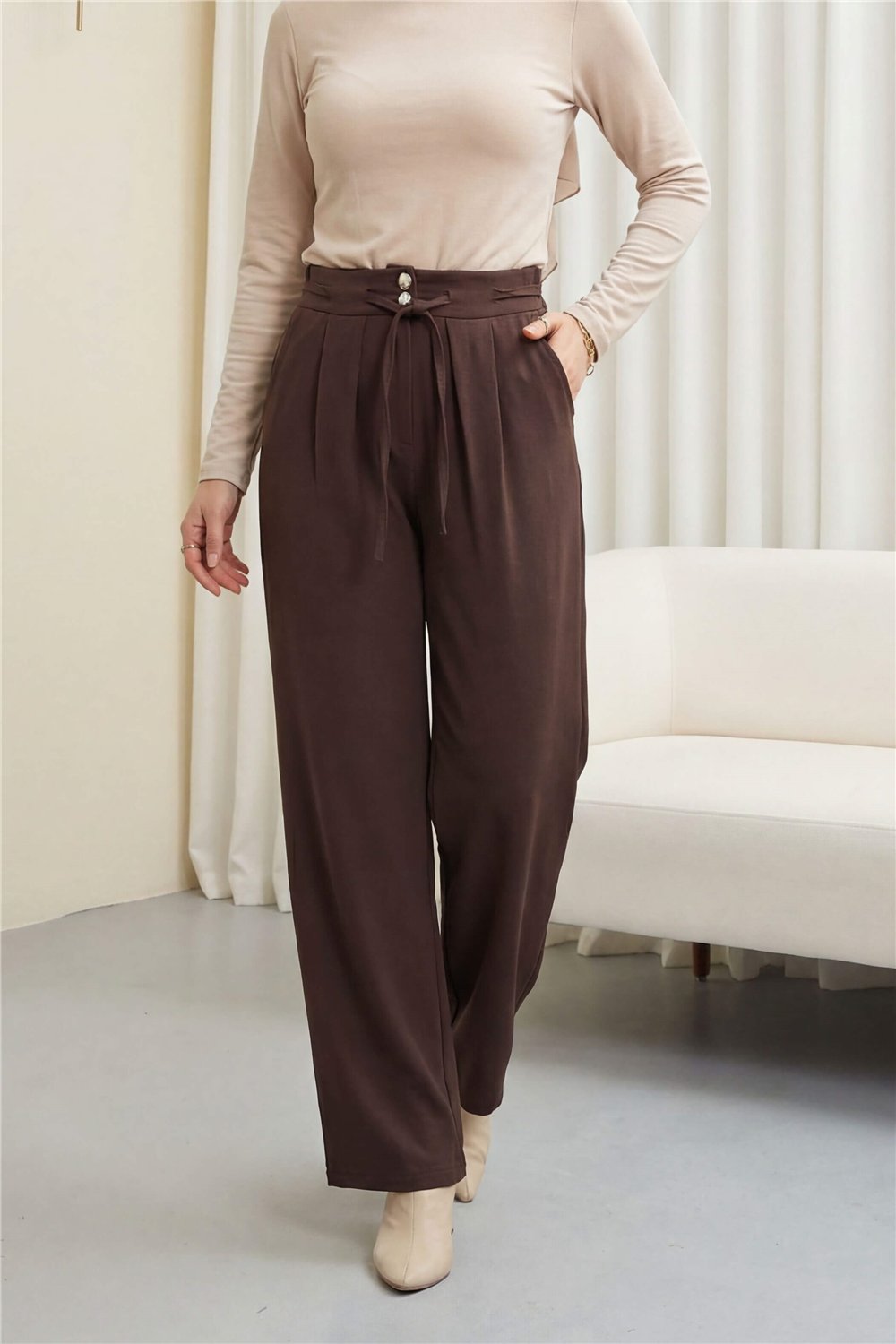 Beli Bağcıklı Çift Düğmeli Yüksek Bel Tensel Pantolon  -Kahve-Pantolon-430-4052-R15