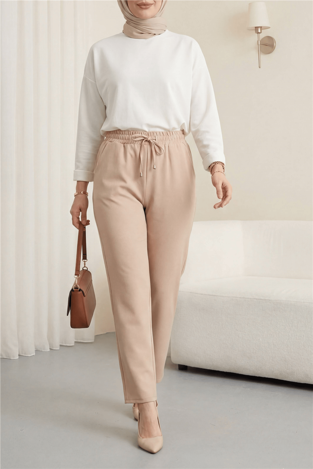 Beli Bağcıklı Dar Paça Pantolon -Bej-Dar Paça Pantolon-400-1157-R56