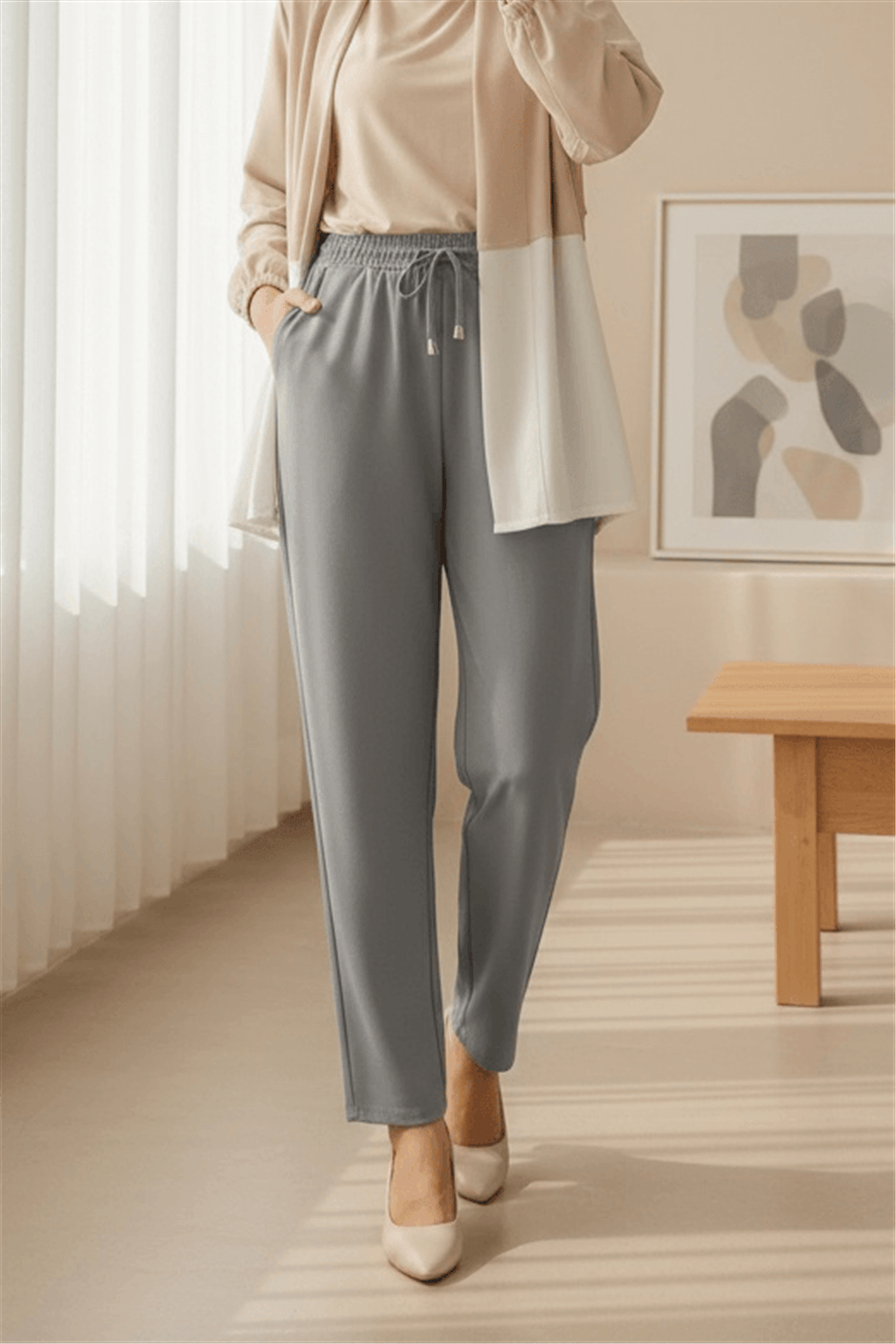 Beli Bağcıklı Dar Paça Pantolon    -Füme-Pantolon-400-1157-R18
