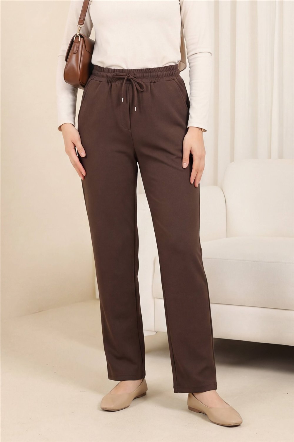 Beli Bağcıklı Dar Paça Pantolon    -Kahve-Pantolon-400-1157-R15
