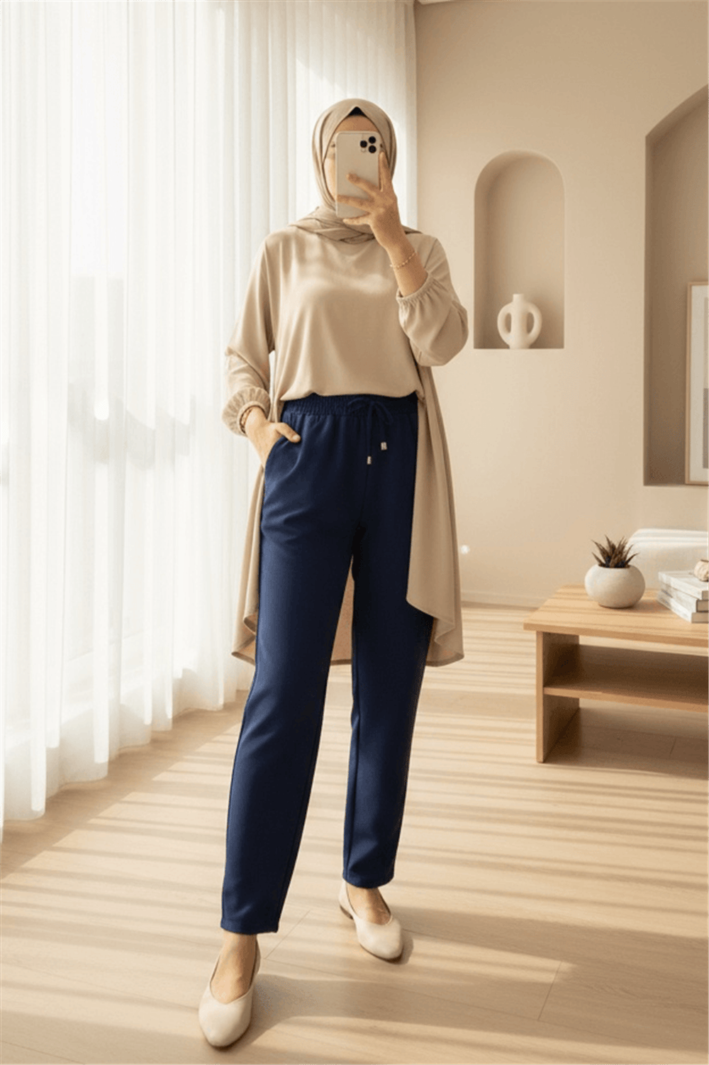 بنطلون بأرجل ضيقة ورباط خصر - بترولي-Dar Paça Pantolon-400-1157-R29