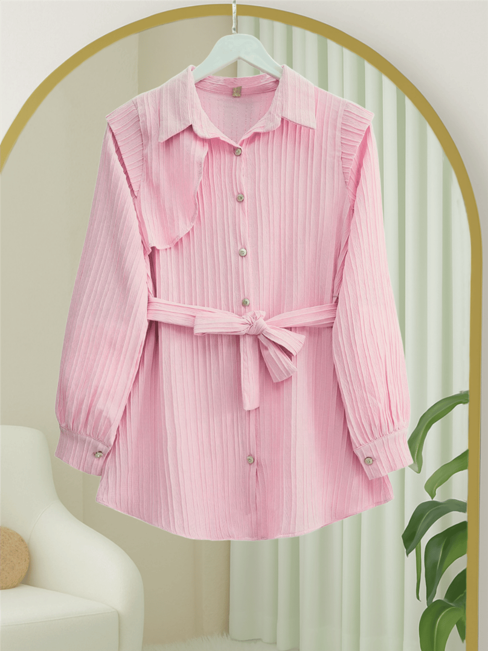 Tunik-Beli Bağcıklı Omuz Detaylı Fitilli Krinkıl Tunik -Pembe-398-1053-R20