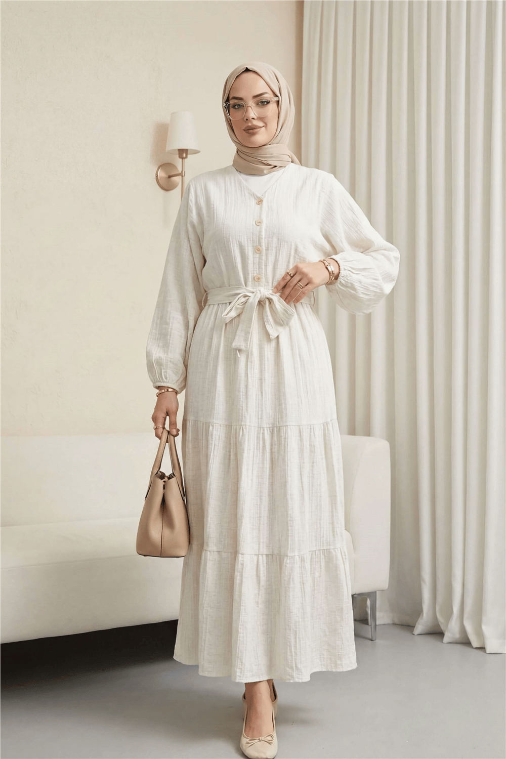 Beli Bağcıklı Yarasa Kol Düğmeli Bluz Etek Keten Takım -Bej-Takım-307-2365-R56