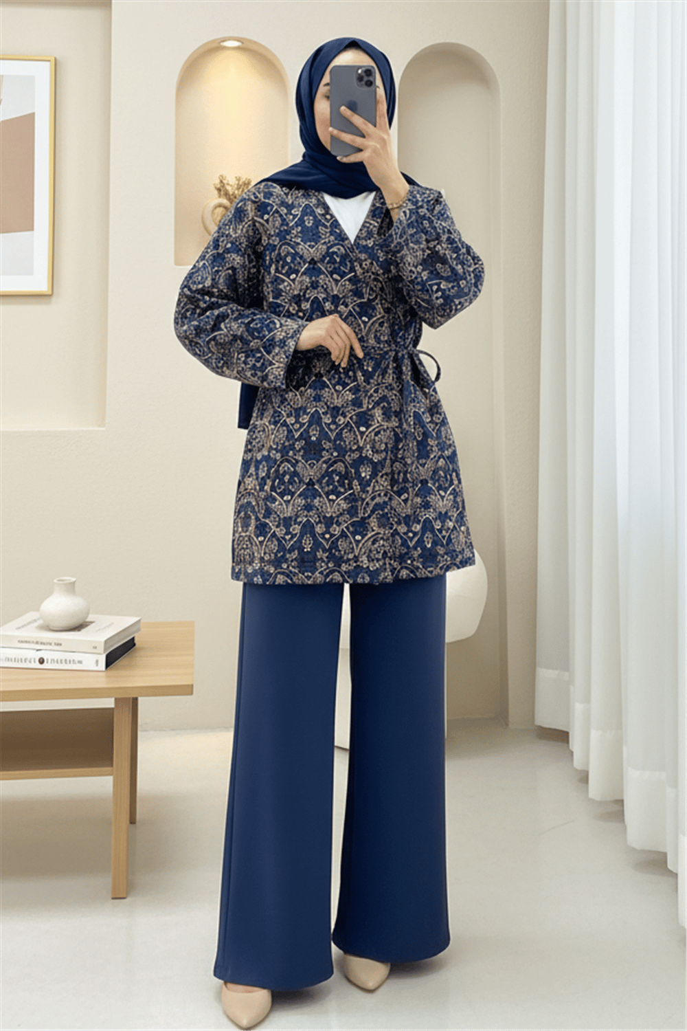 Beli Bağlamalı Cepli Desenli Kapitone Kimono -Laci-Ceket-408-6000-R03