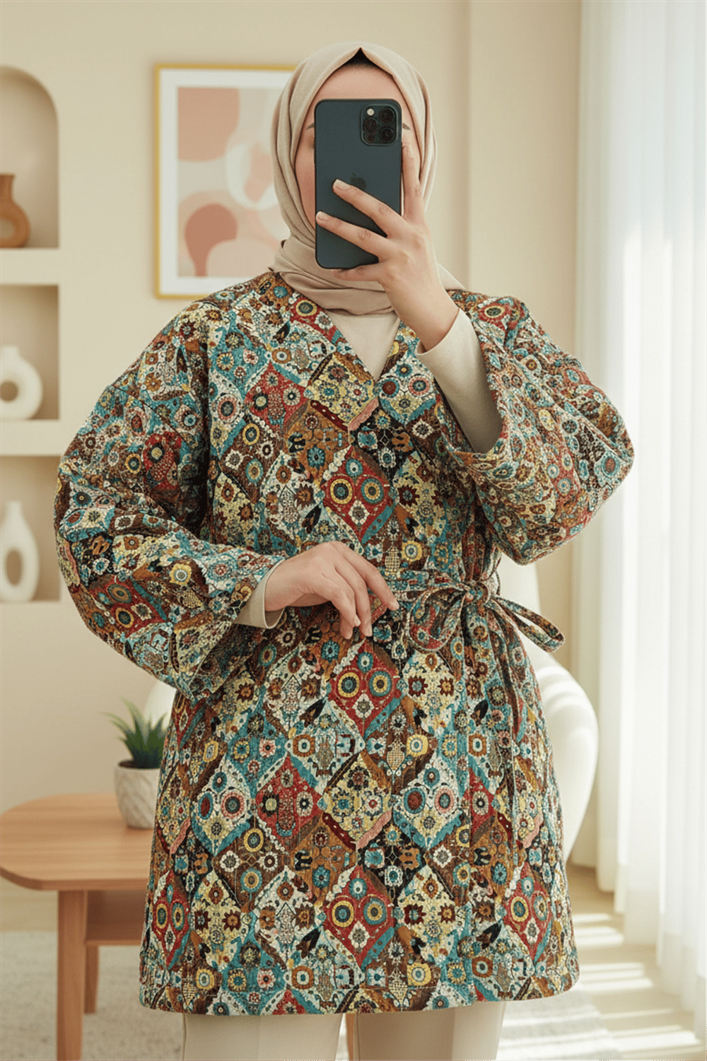 Beli Bağlamalı Cepli Desenli Kapitone Kimono -Bej-Ceket-408-6000-R56