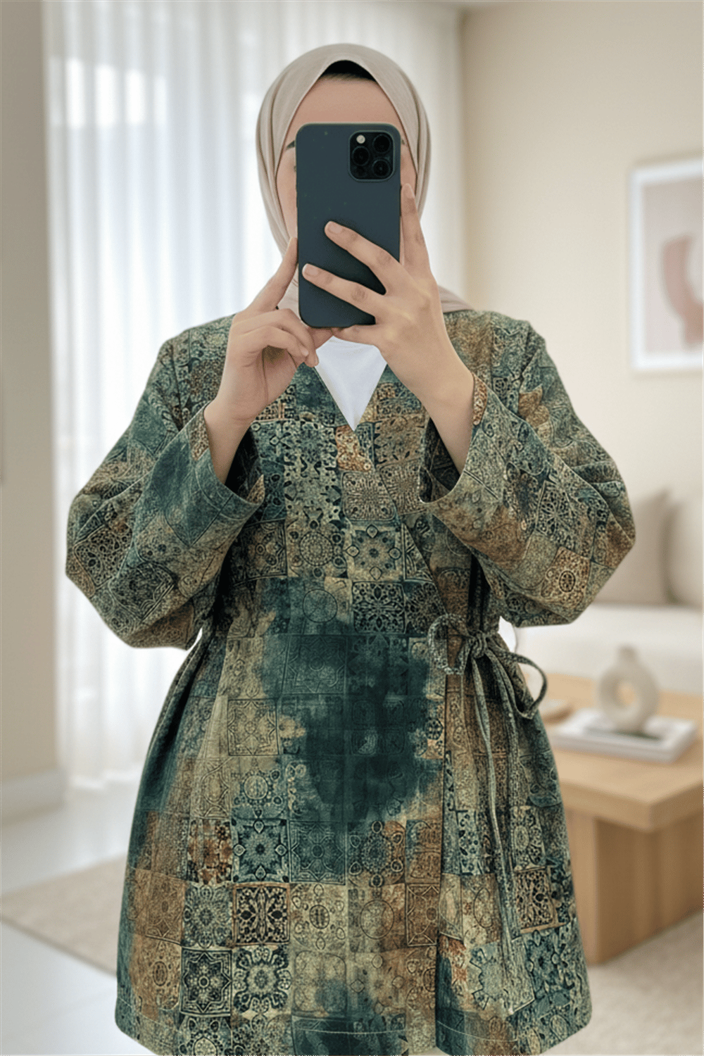 Beli Bağlamalı Cepli Desenli Kapitone Kimono -Haki-Ceket-408-6000-R05