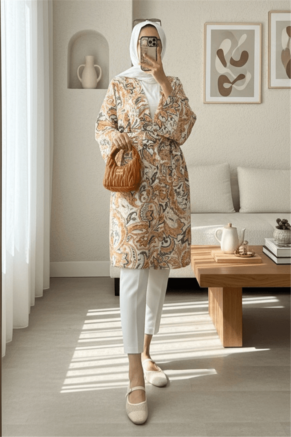 Beli Bağlamalı Etnik Desen Modal Kimono -Bej-Kimono&Kaftan-307-2396-R56