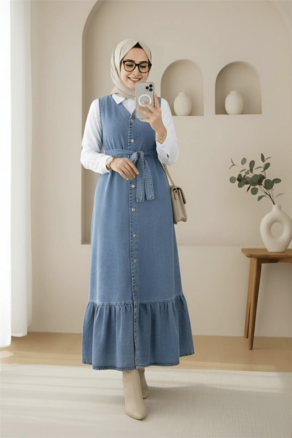 Beli Bağlamalı Önü Düğmeli Cepli Kot Jile   -Buz Mavi-Elbise-197-6119-R37