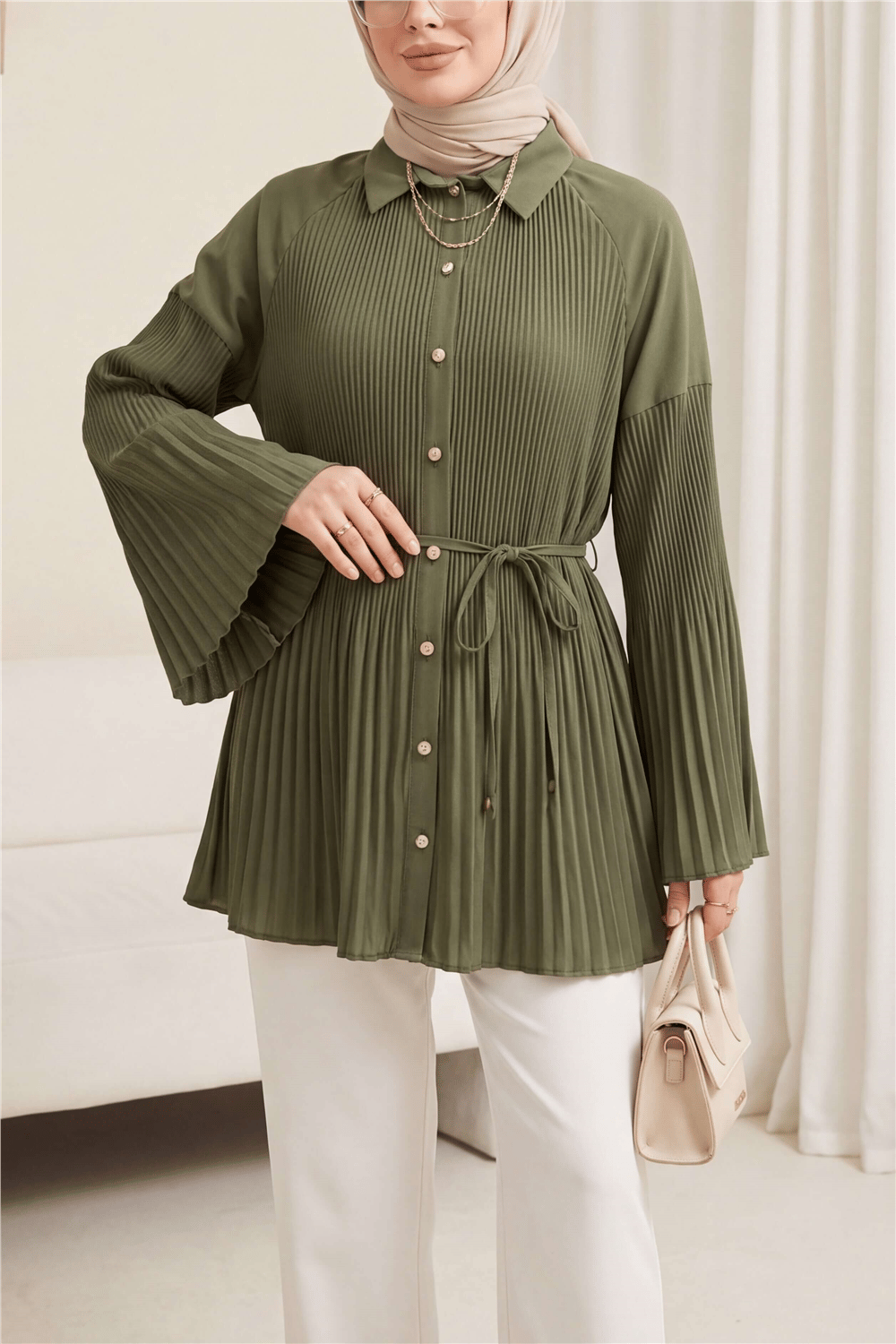Beli Bağlamalı Taşlı Düğmeli Pliseli Poplin Tunik -Haki-Tunik-398-11064-R05
