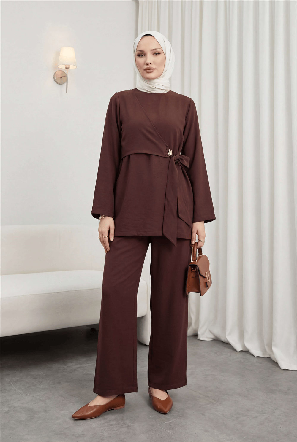 Beli Çapraz Bağlamalı Pantolonlu Modal Takım  -K. Kahve-Takım-120-1702-R54
