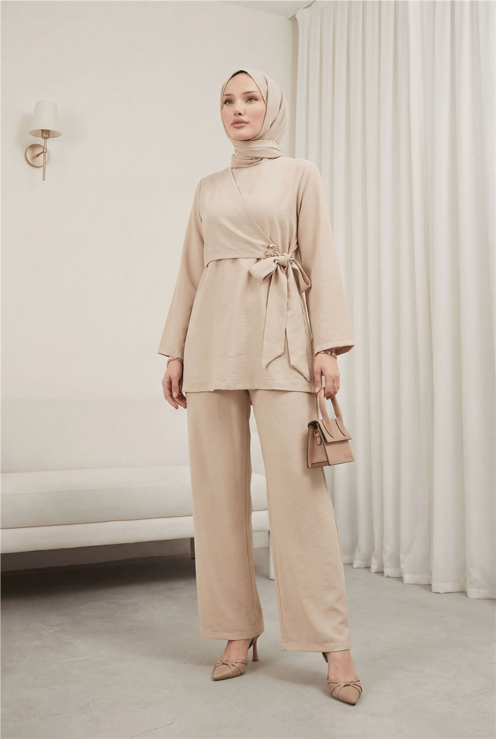 Beli Çapraz Bağlamalı Pantolonlu Modal Takım  -Bej-Takım-120-1702-R56
