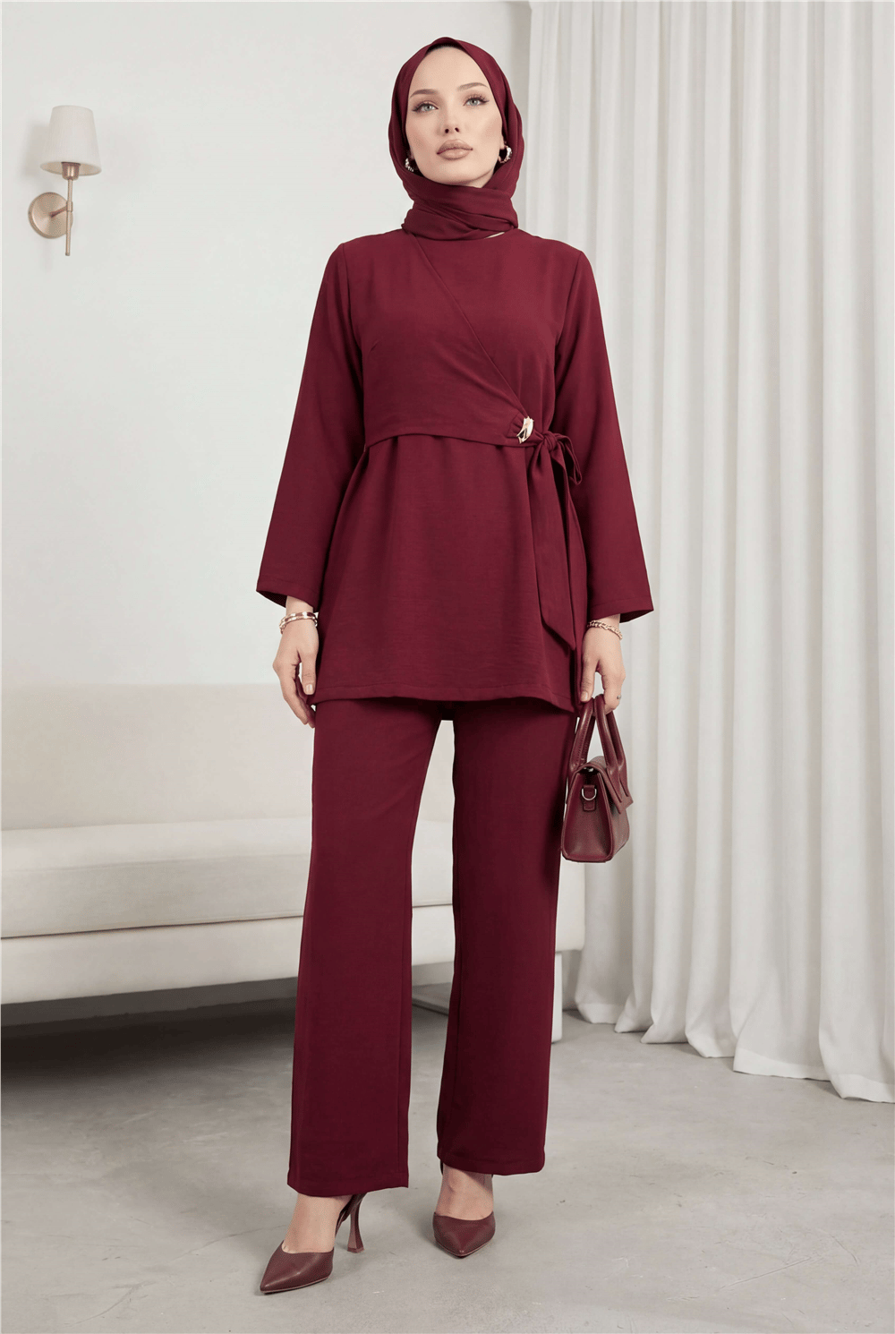 Beli Çapraz Bağlamalı Pantolonlu Modal Takım  -Bordo-Takım-120-1702-R04