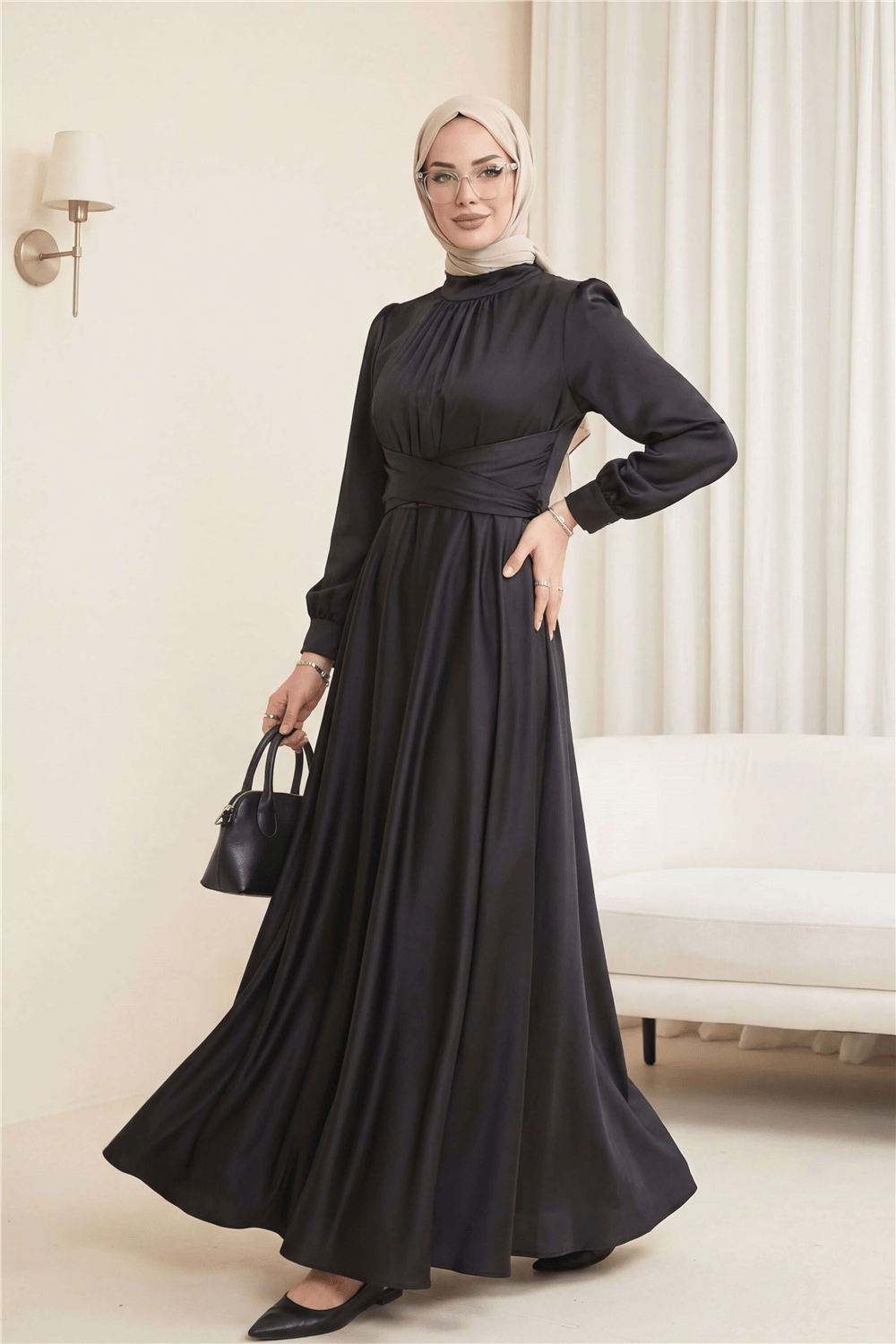 Beli Çapraz Bağlamalı Yuvarlak Yaka Saten Elbise -Siyah-Abiye-386-6297-R01
