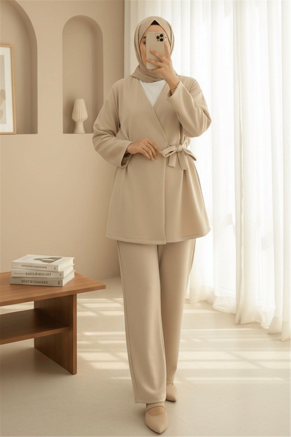 Beli Çift Bağlamalı Scuba Kimono Takım  -Bej-Takım-349-7085-R56