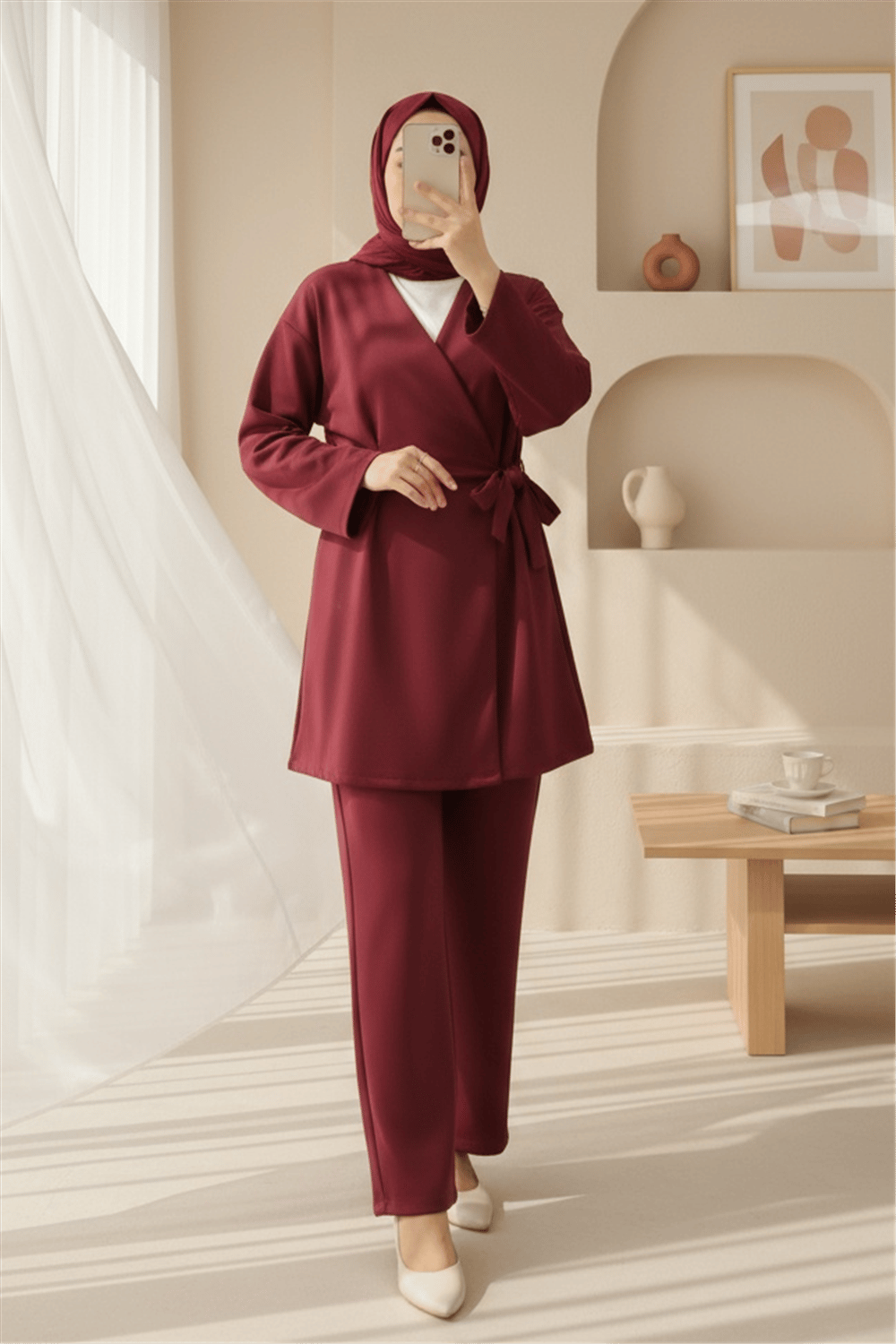 Beli Çift Bağlamalı Scuba Kimono Takım  -Bordo-Takım-349-7085-R04