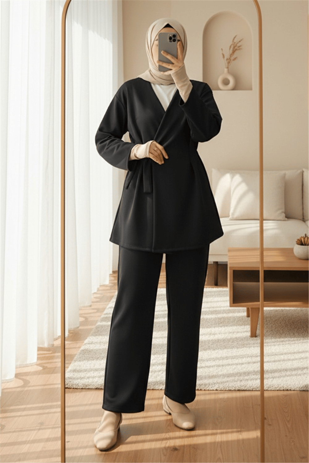 Beli Çift Bağlamalı Scuba Kimono Takım  -Siyah-Takım-349-7085-R01