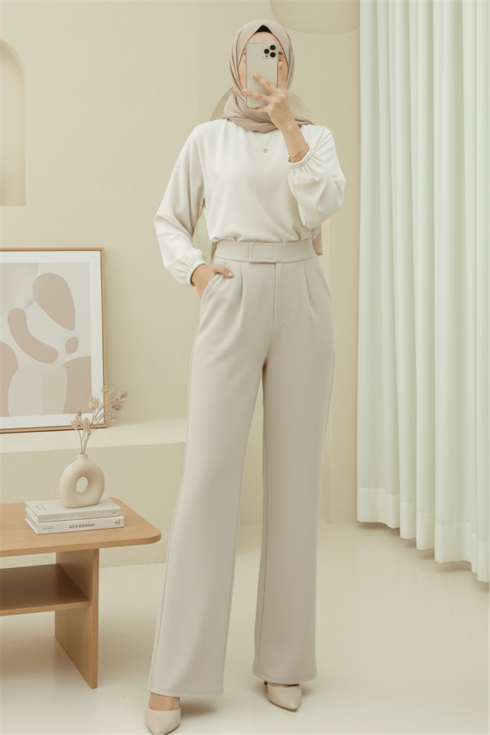 Beli Cırtcırt Detay Boru Paça Kumaş Pantolon  -Bej-Pantolon-400-1155-R56