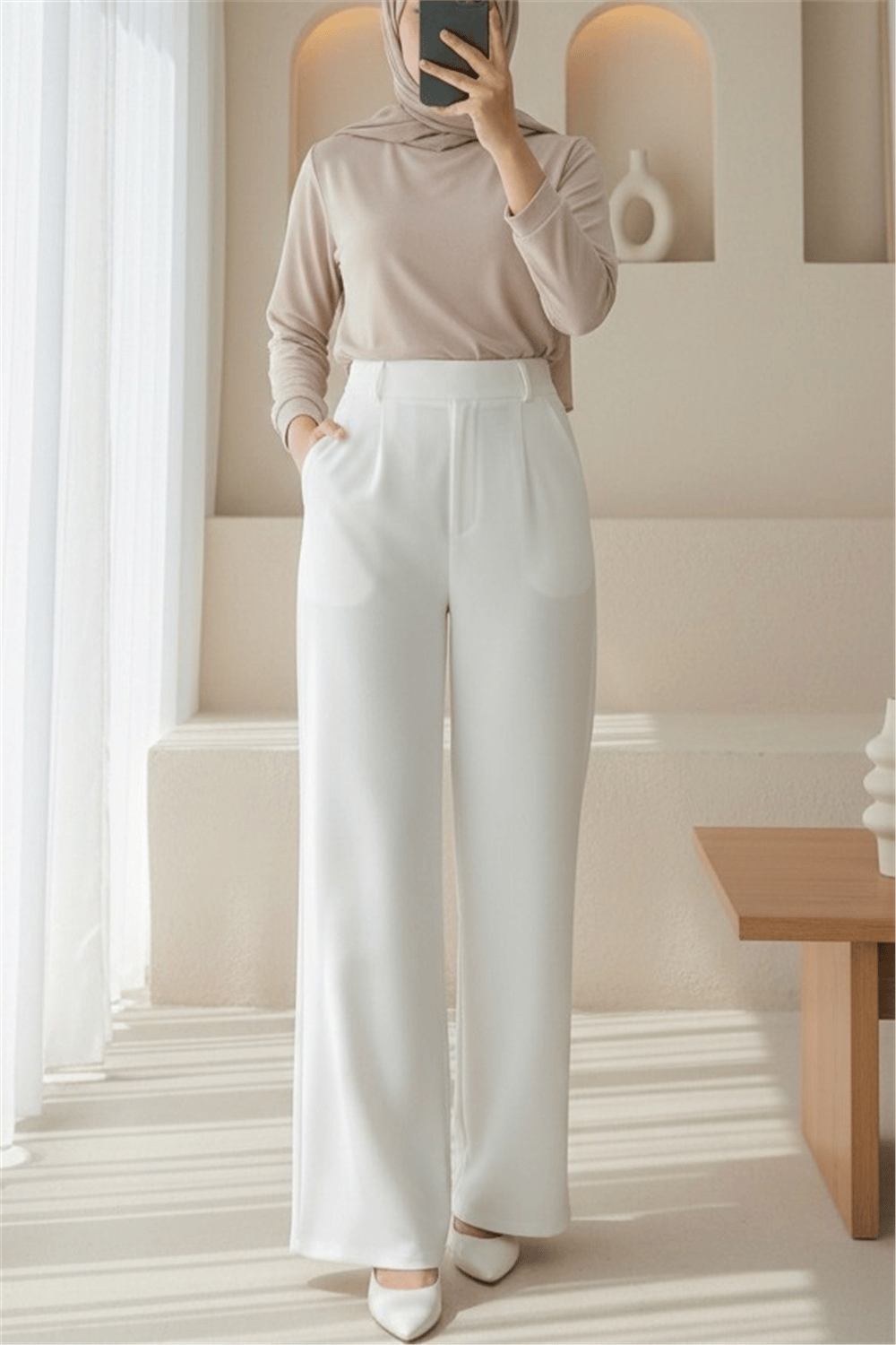 Beli Cırtcırt Detay Boru Paça Kumaş Pantolon  -Beyaz-Pantolon-400-1155-R02
