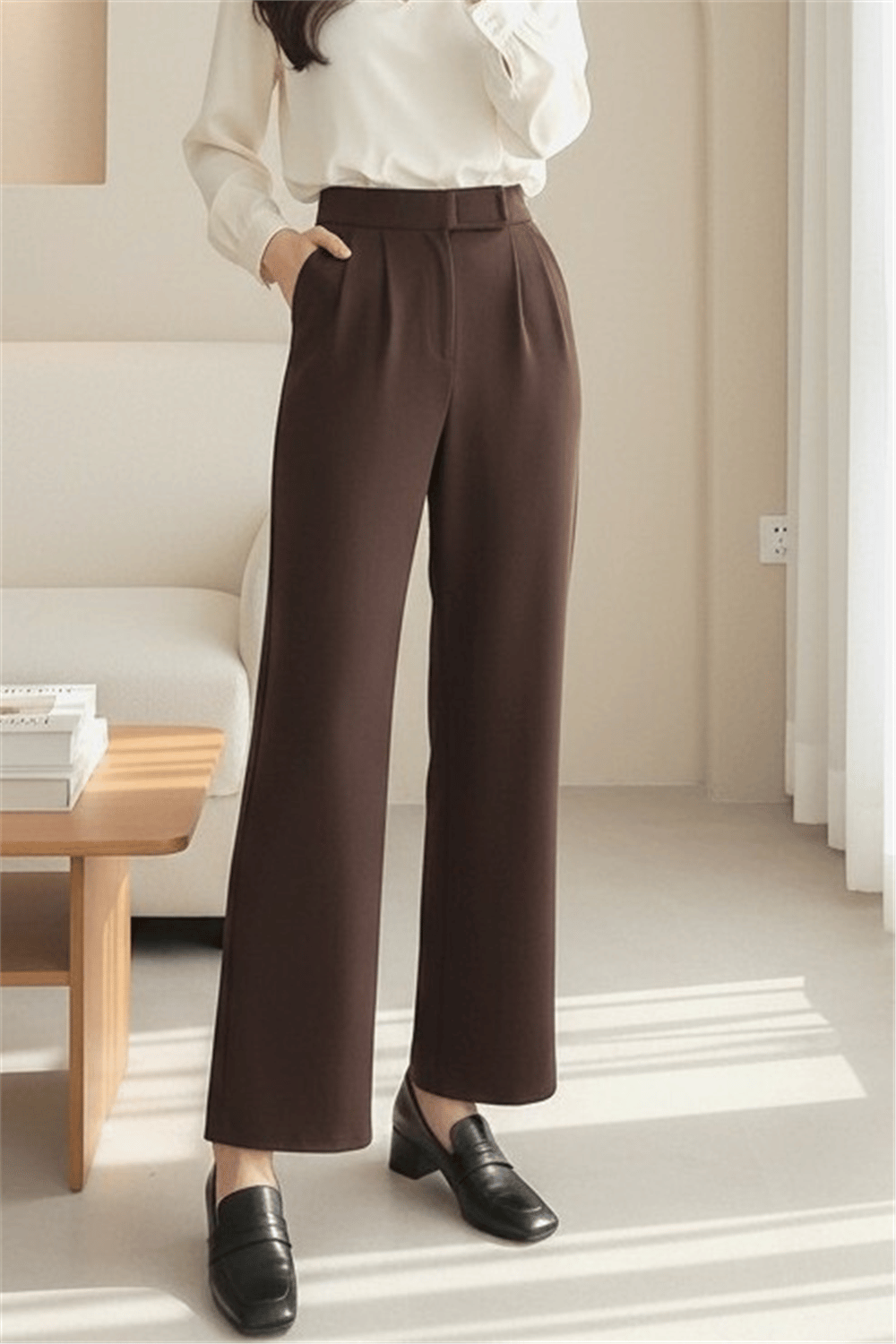 Beli Cırtcırt Detay Boru Paça Kumaş Pantolon  -Kahve-Pantolon-400-1155-R15