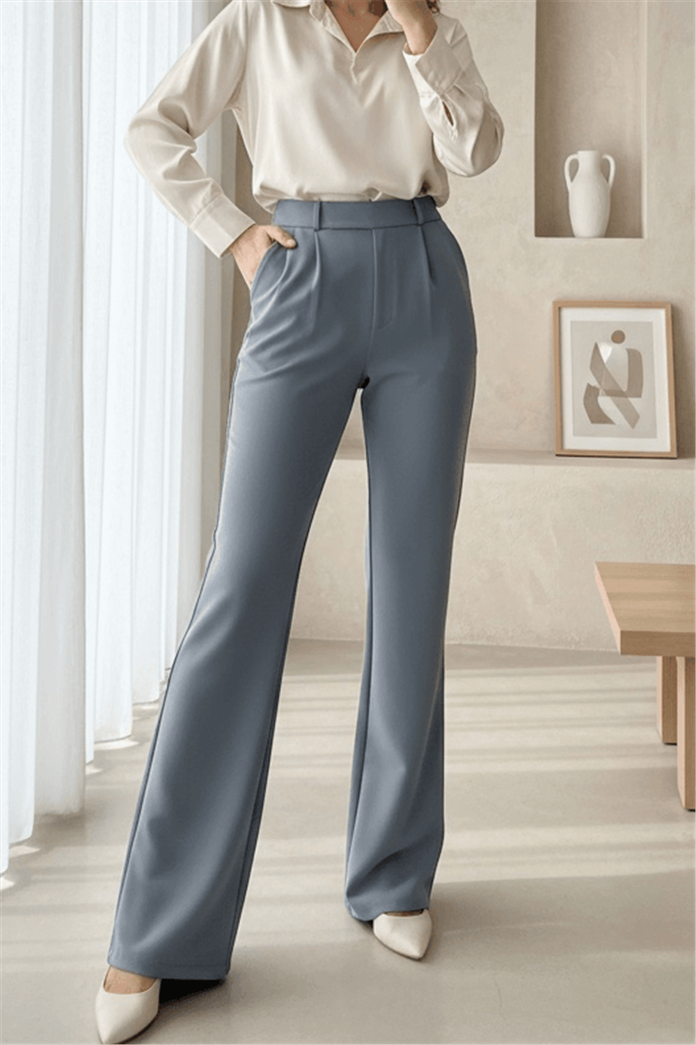 Beli Cırtlı Likralı Pantolon -Gri-Pantolon-349-5052-R11
